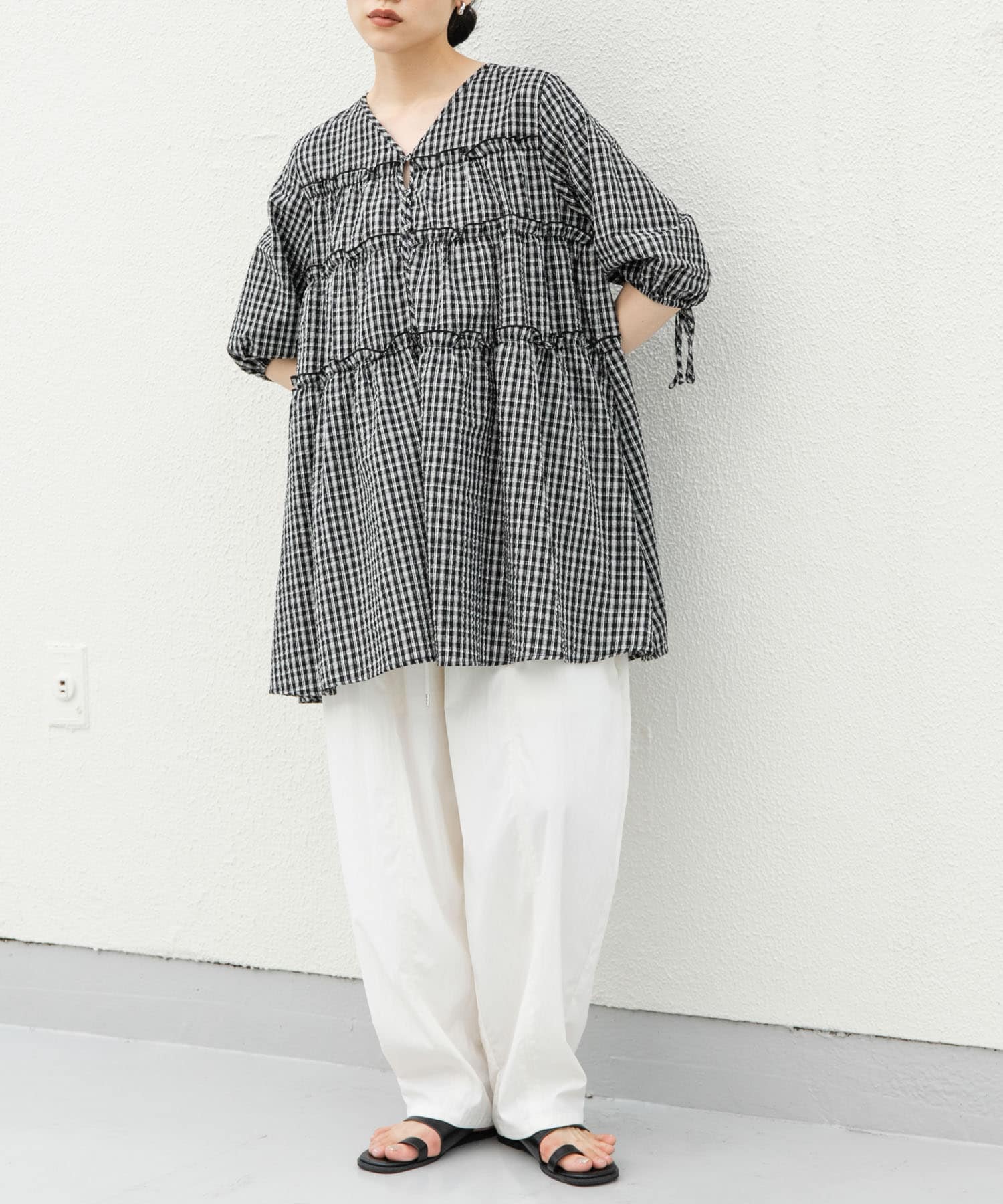 サッカーチェックミニワンピース BLK×IVO one