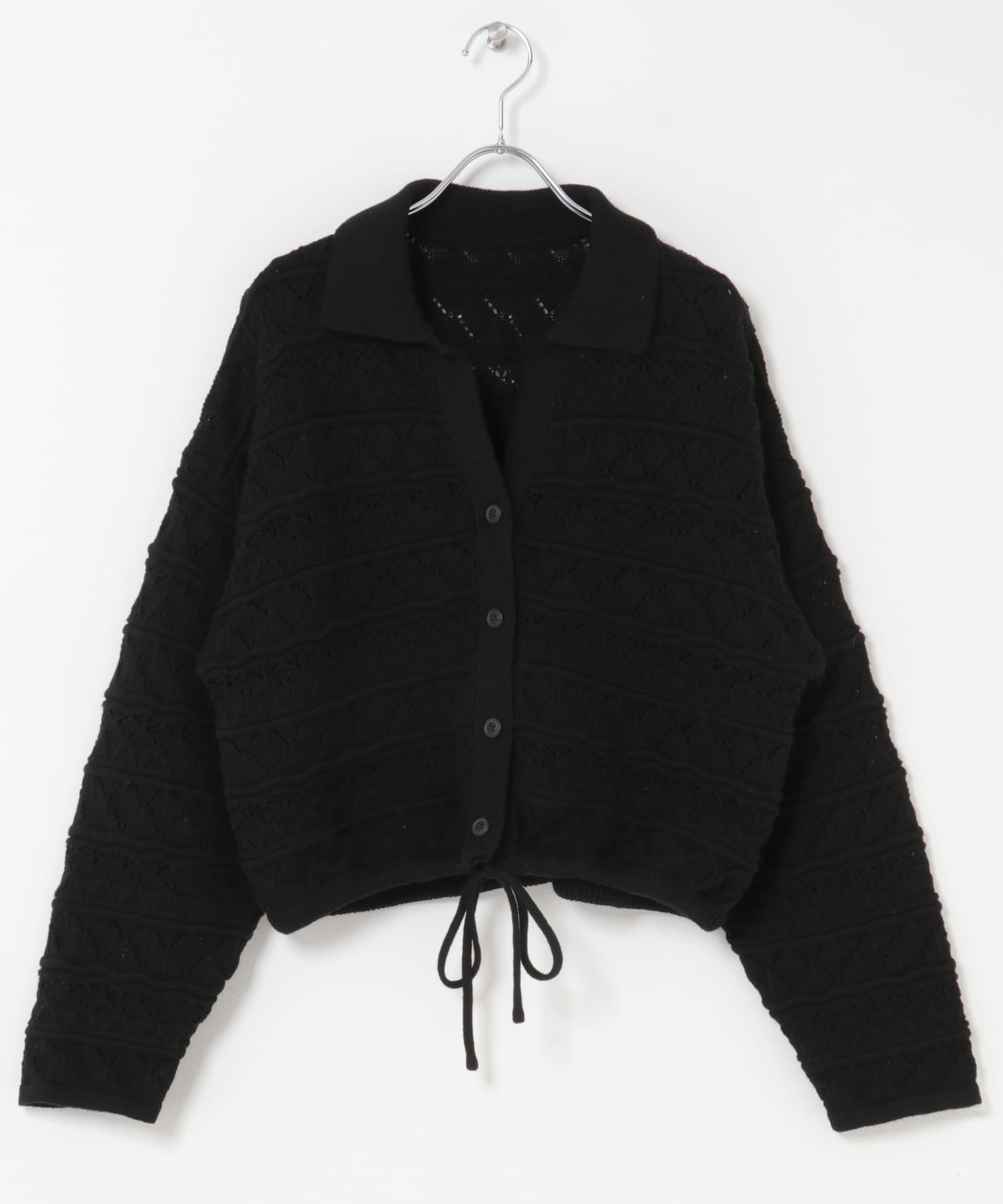 透かし編みキーネックカーディガン BLACK one