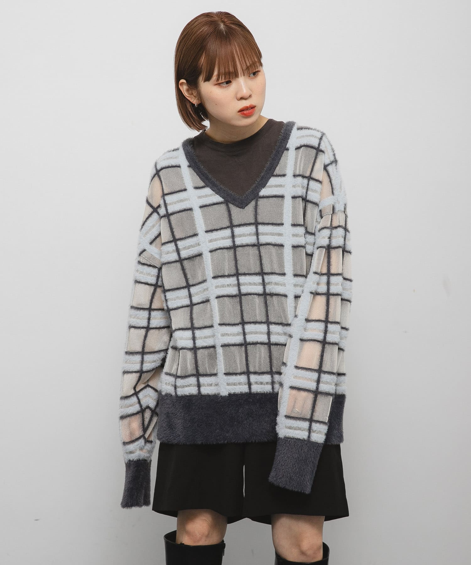 E.R.Kページ シアーチェックフェザーニット(one BROWN×PNK): トップス｜URBAN