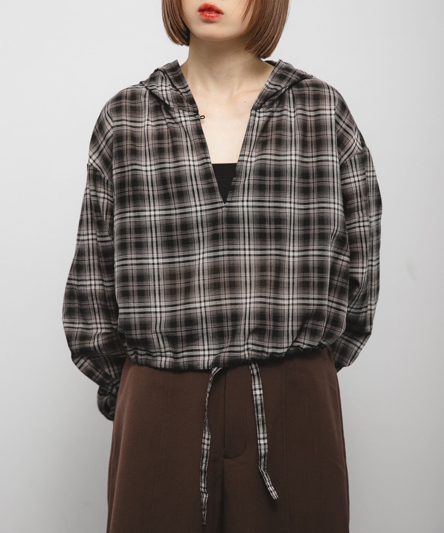 シアーチェックフーディーシャツ