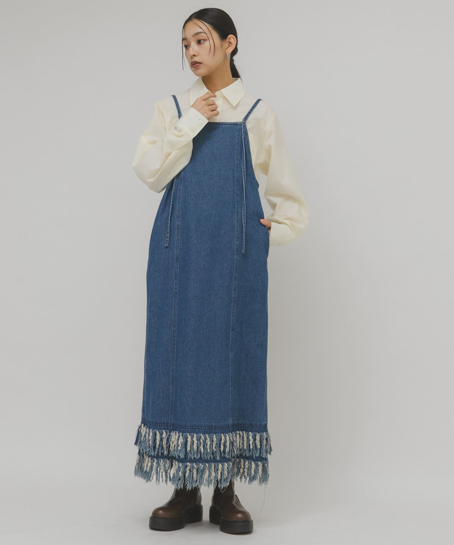 フリンジデニムキャミワンピース(one L.BLUE): ワンピース｜URBAN