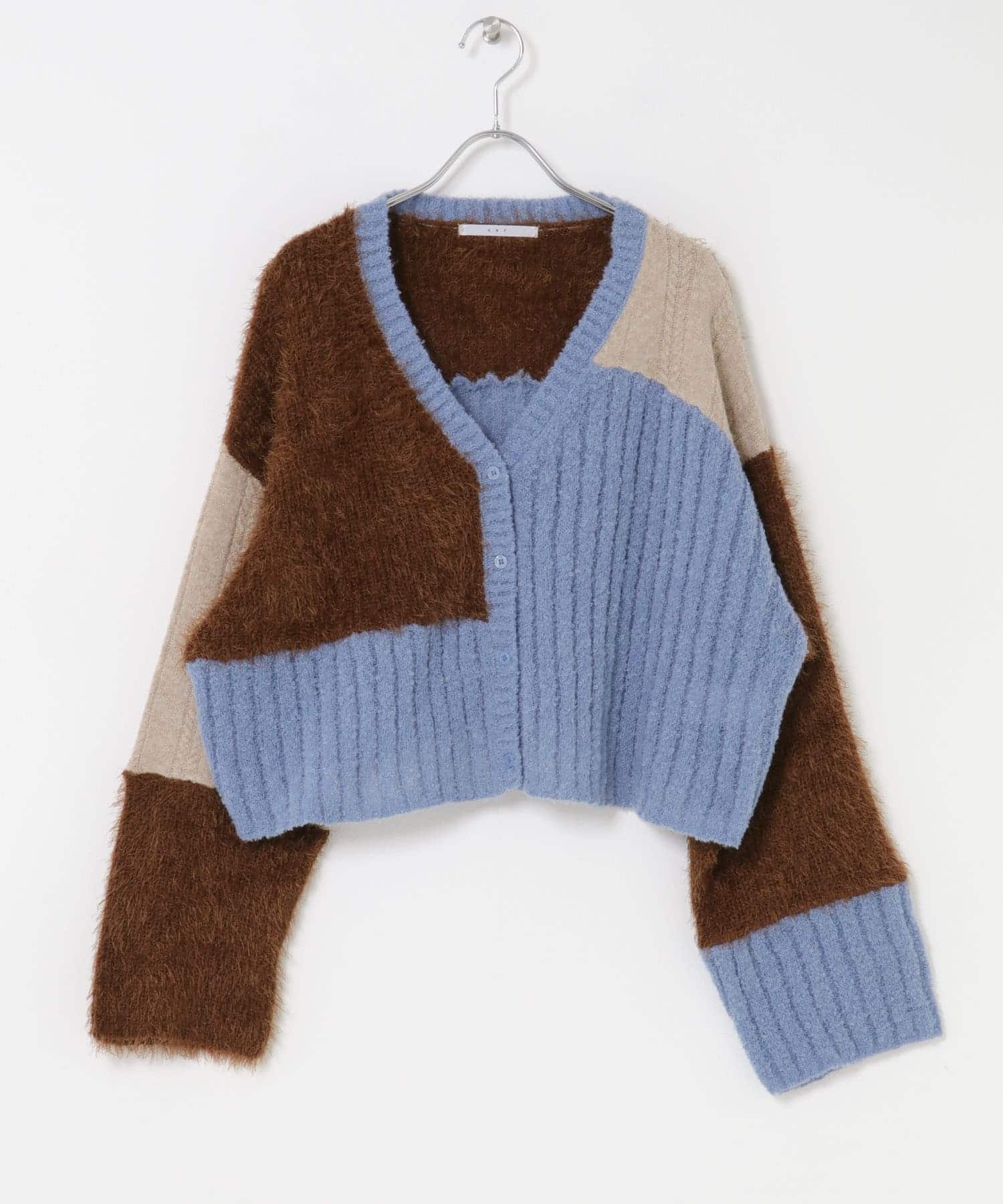 パッチワークニットカーディガン BLUE MIX one