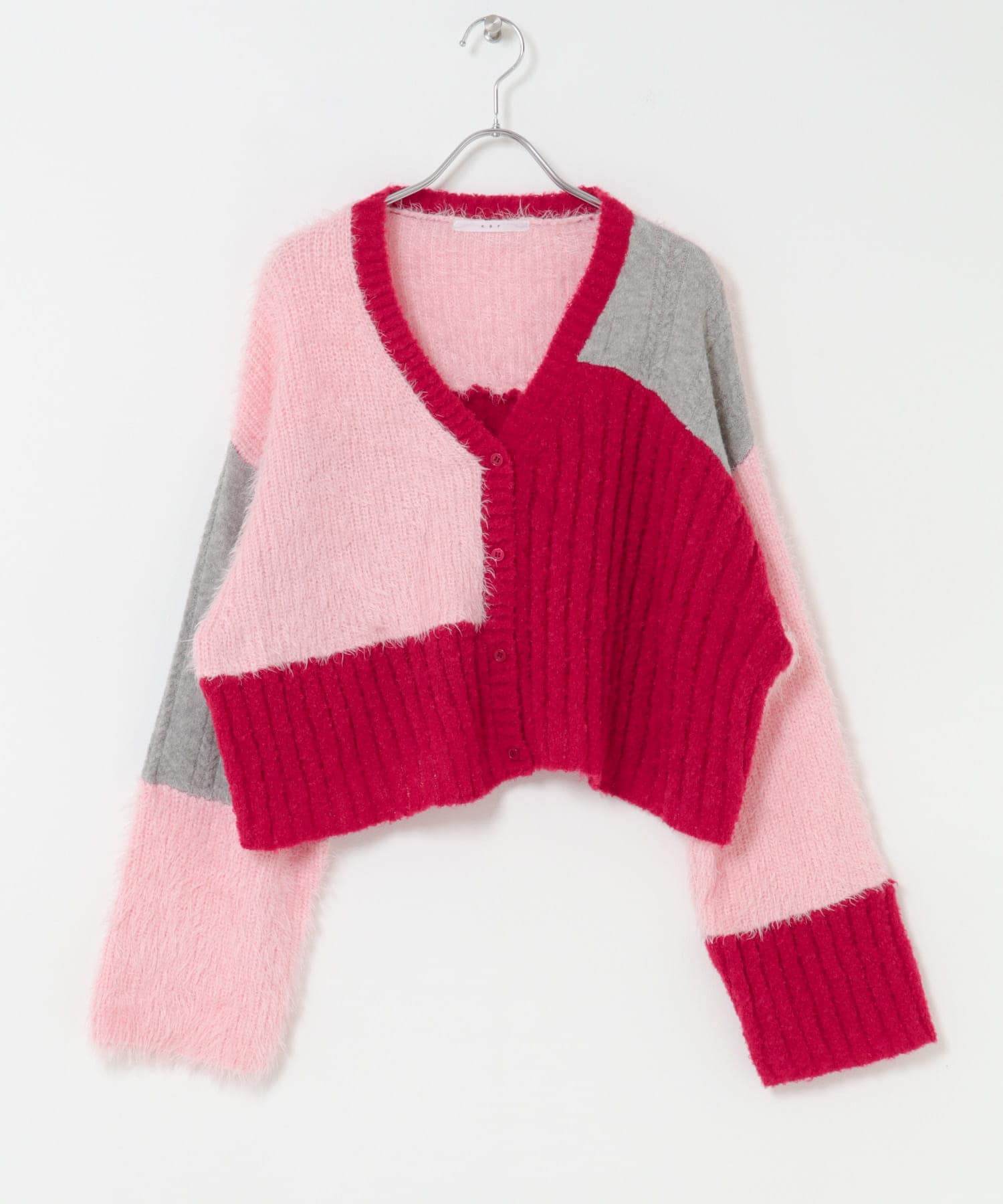 パッチワークニットカーディガン RED MIX one