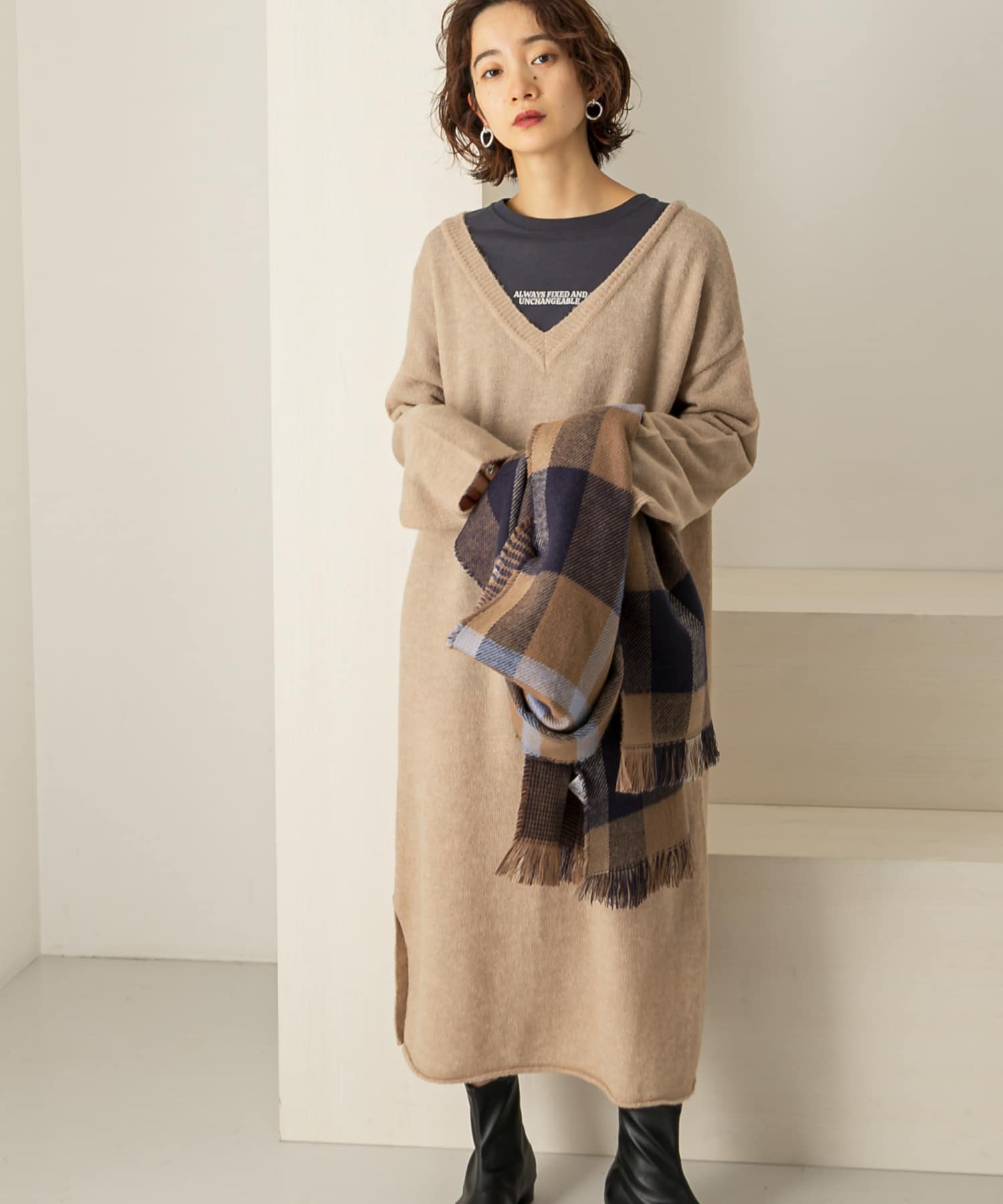 2WAYボタンスリーブニットワンピース∴ BEIGE one