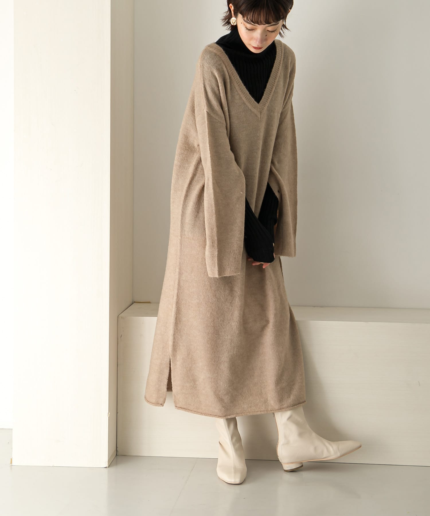 2WAYボタンスリーブニットワンピース∴ BEIGE one