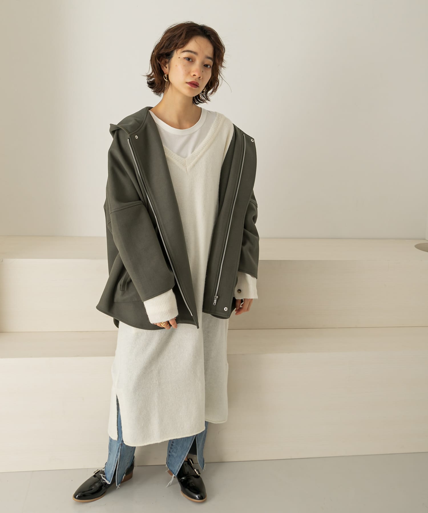 2WAYボタンスリーブニットワンピース∴ OFF one