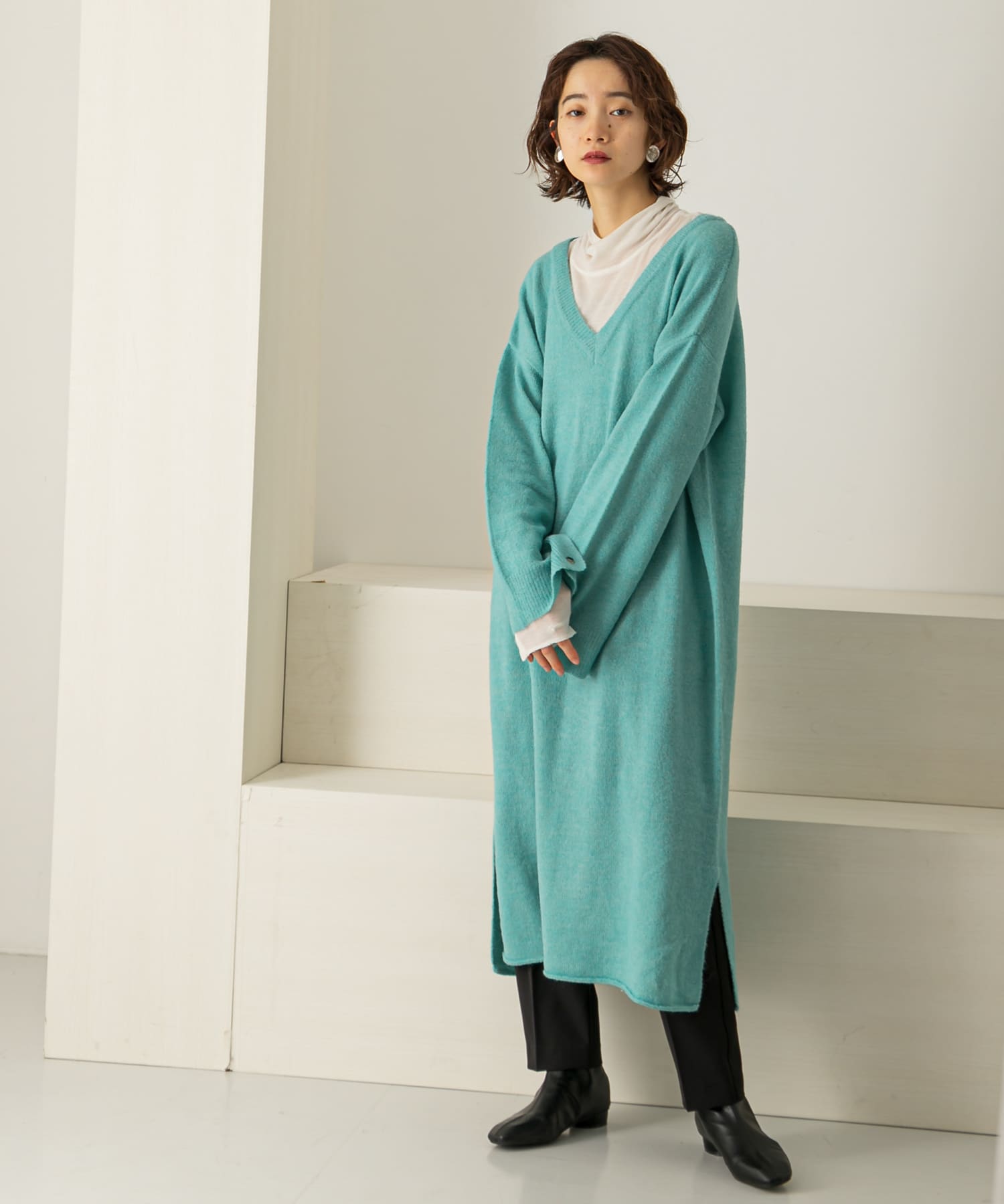 2WAYボタンスリーブニットワンピース∴ TURQUOISE one