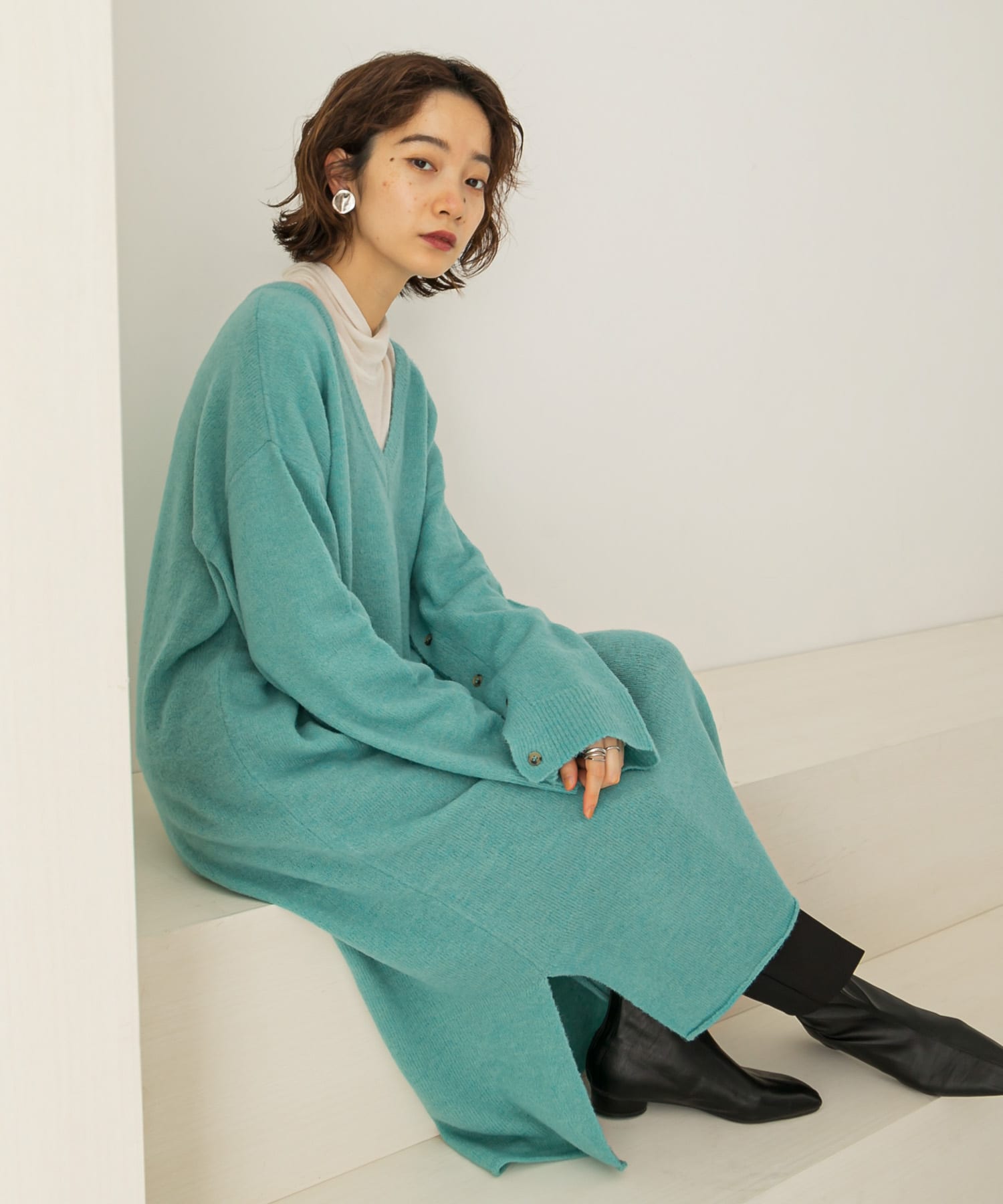 2WAYボタンスリーブニットワンピース∴ TURQUOISE one