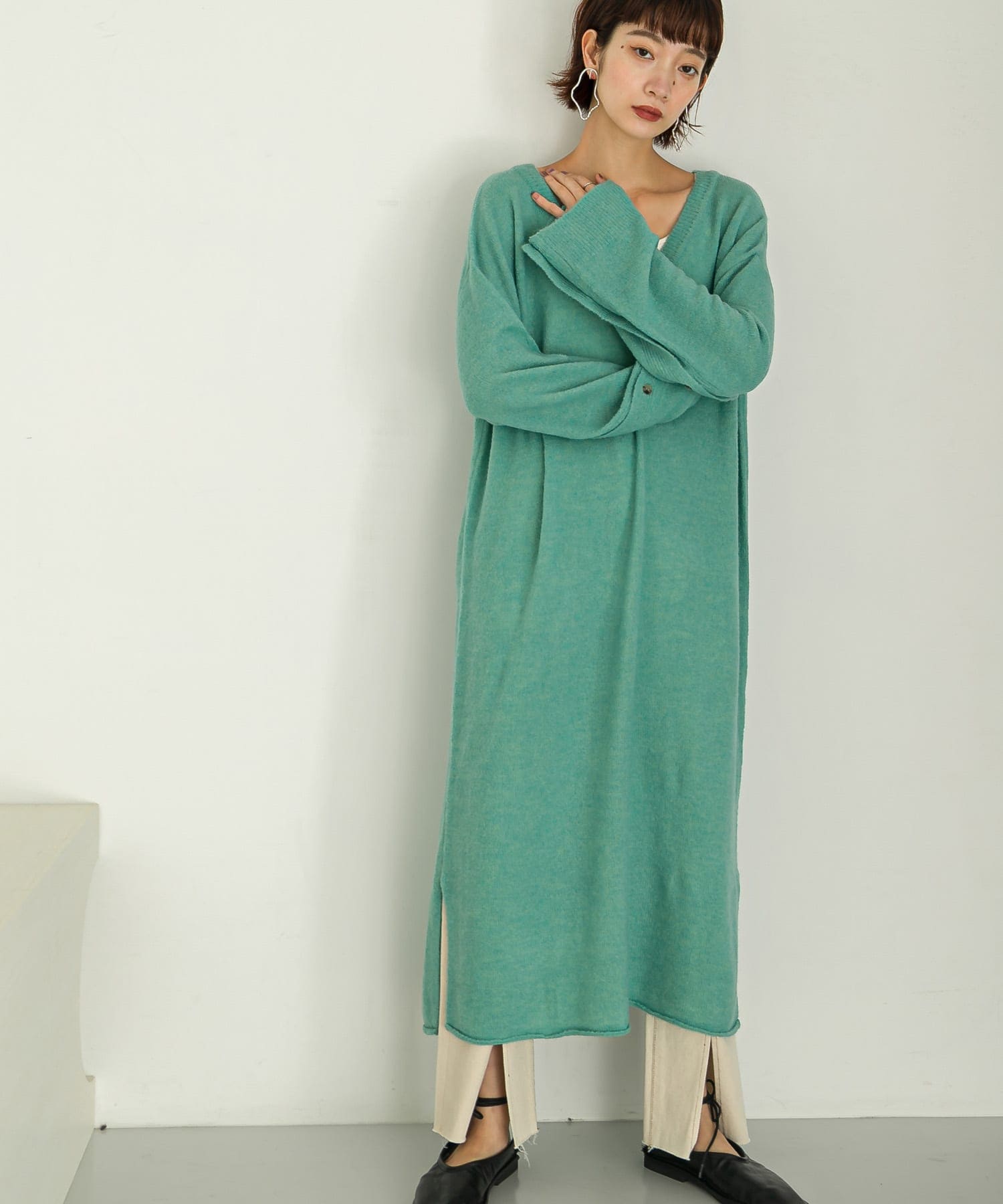 2WAYボタンスリーブニットワンピース∴ TURQUOISE one