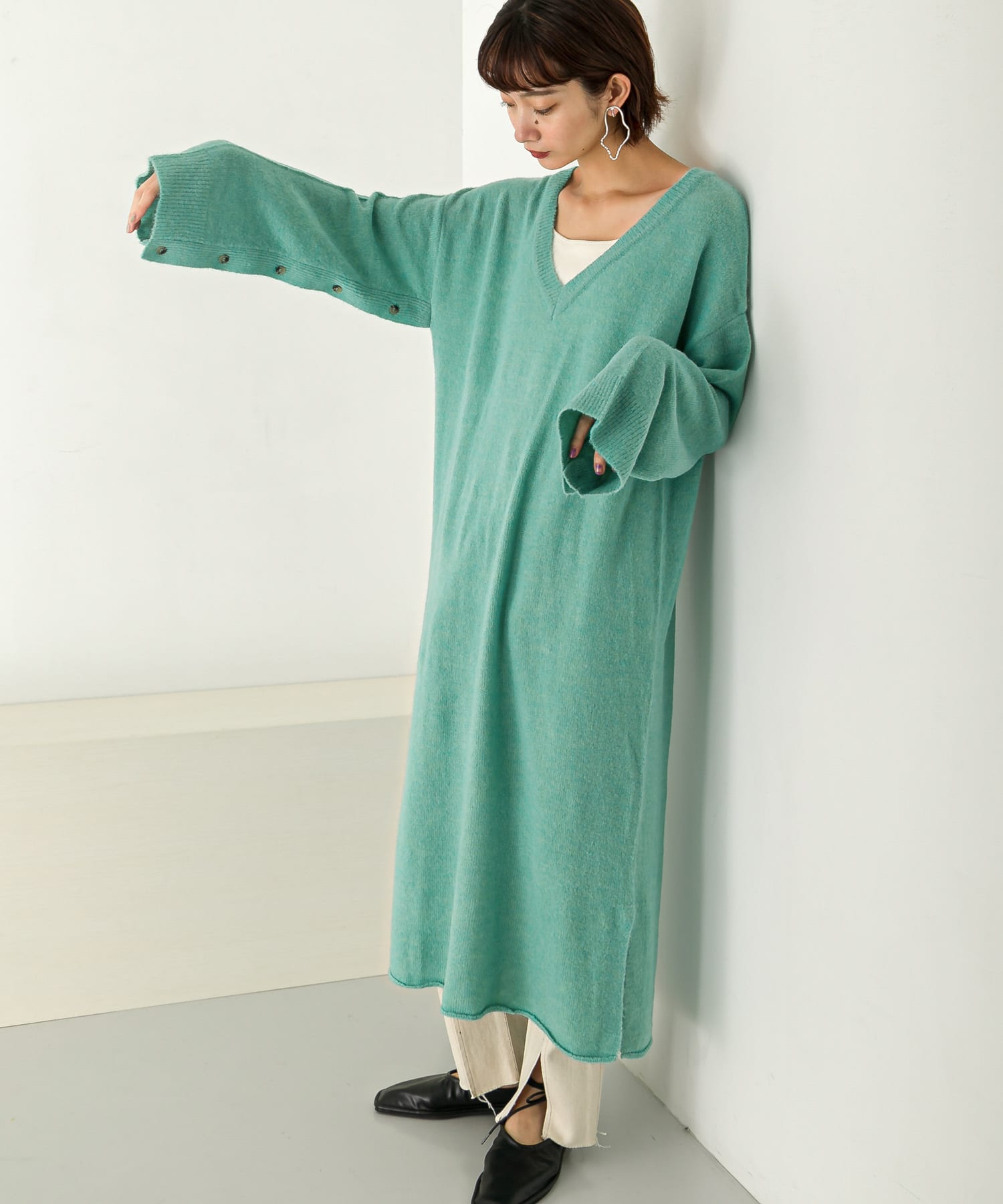 2WAYボタンスリーブニットワンピース∴ TURQUOISE one