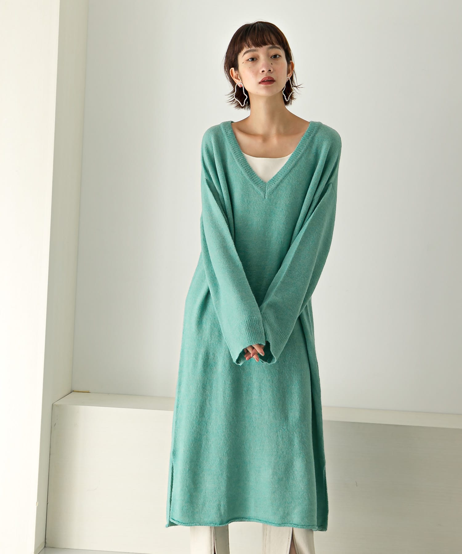 2WAYボタンスリーブニットワンピース∴ TURQUOISE one