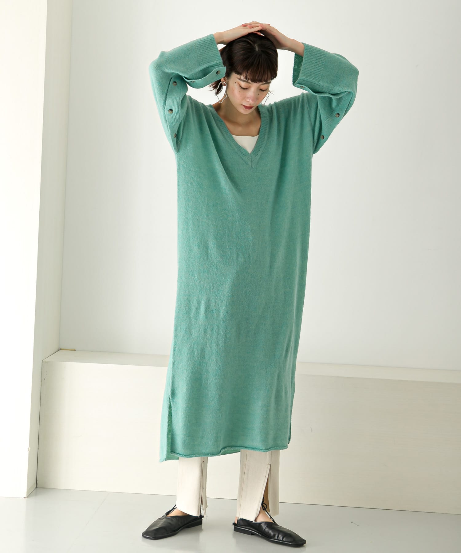 2WAYボタンスリーブニットワンピース∴ TURQUOISE one
