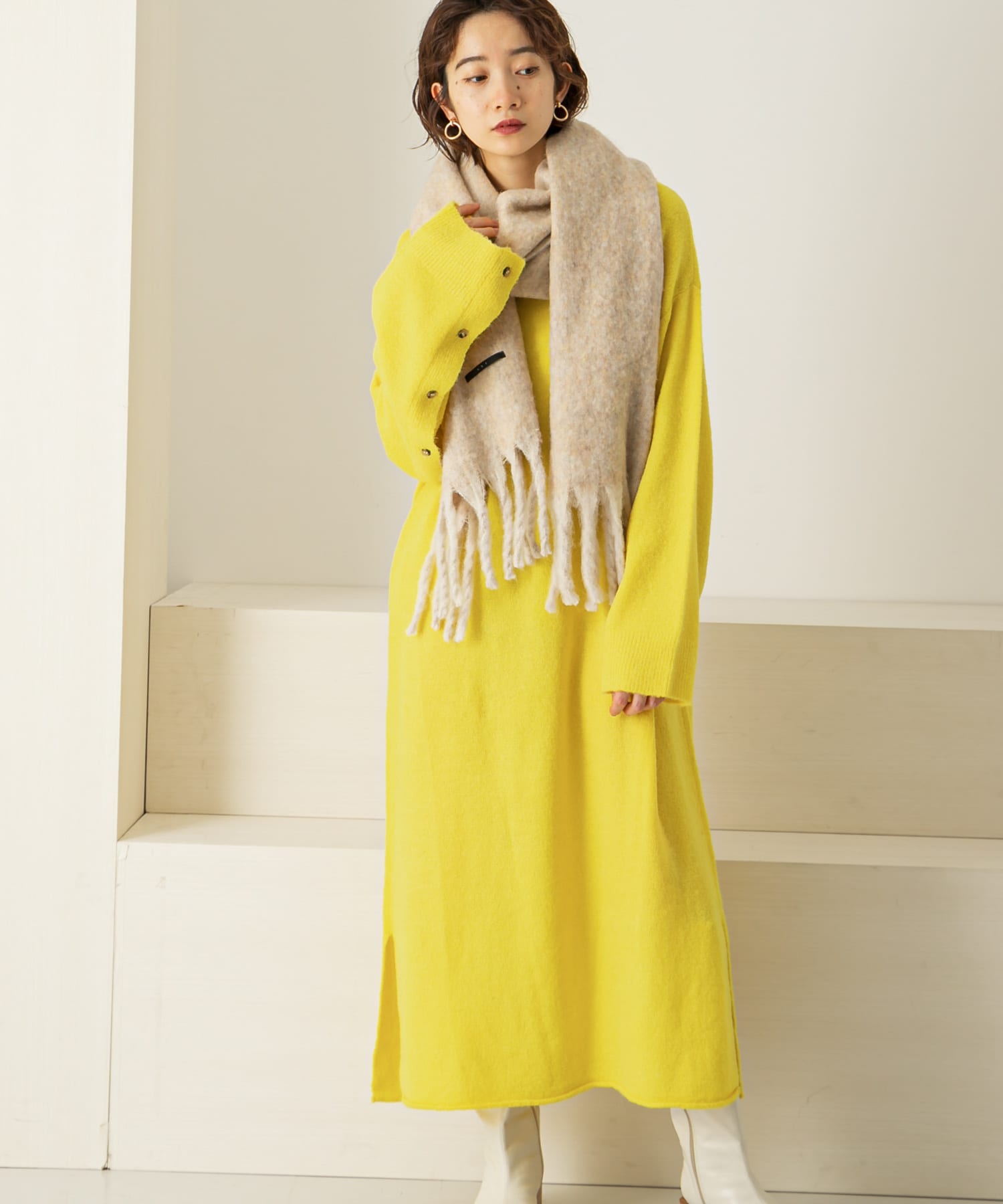 2WAYボタンスリーブニットワンピース∴ YELLOW one