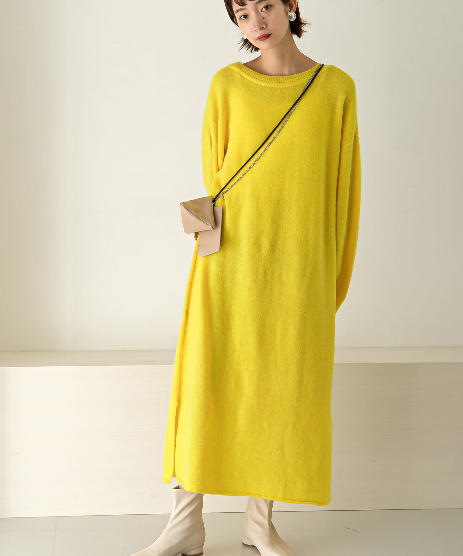 2WAYボタンスリーブニットワンピース∴ YELLOW one