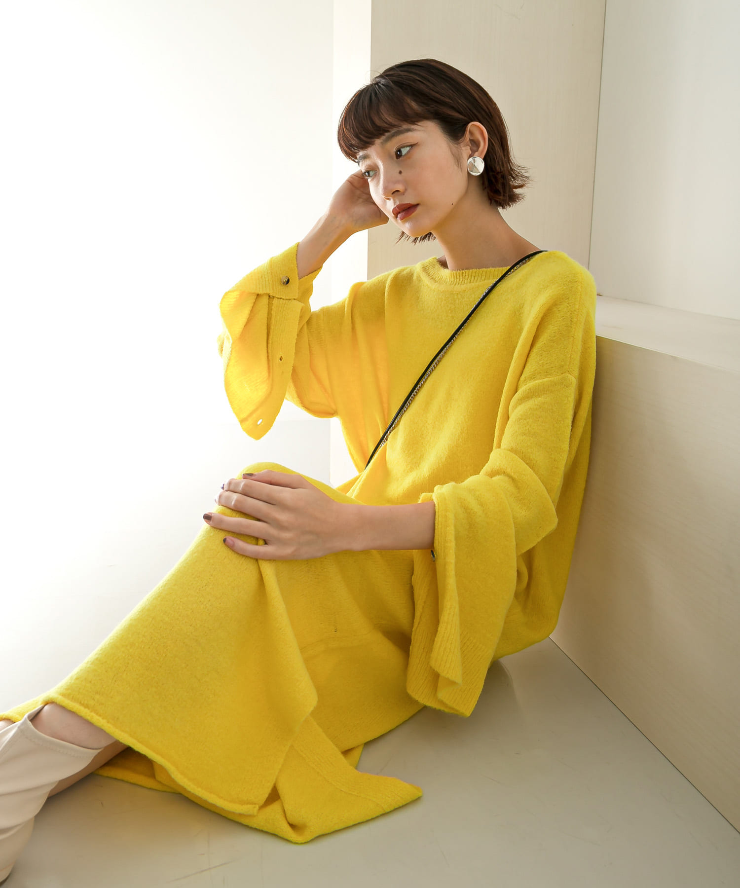 2WAYボタンスリーブニットワンピース∴ YELLOW one