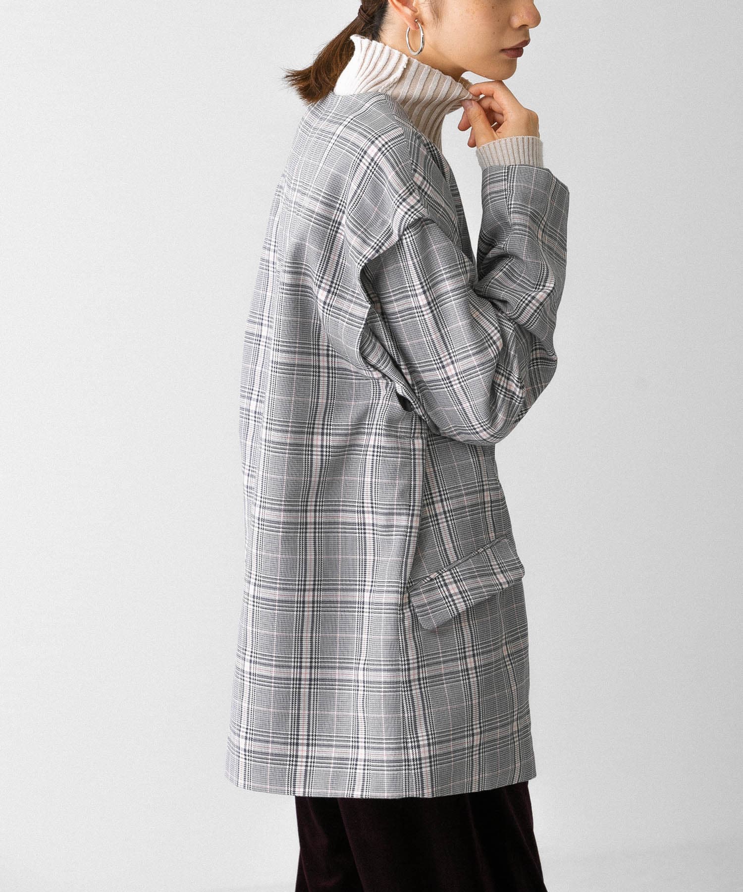 2WAYノーカラージャケット GRAY CHECK one