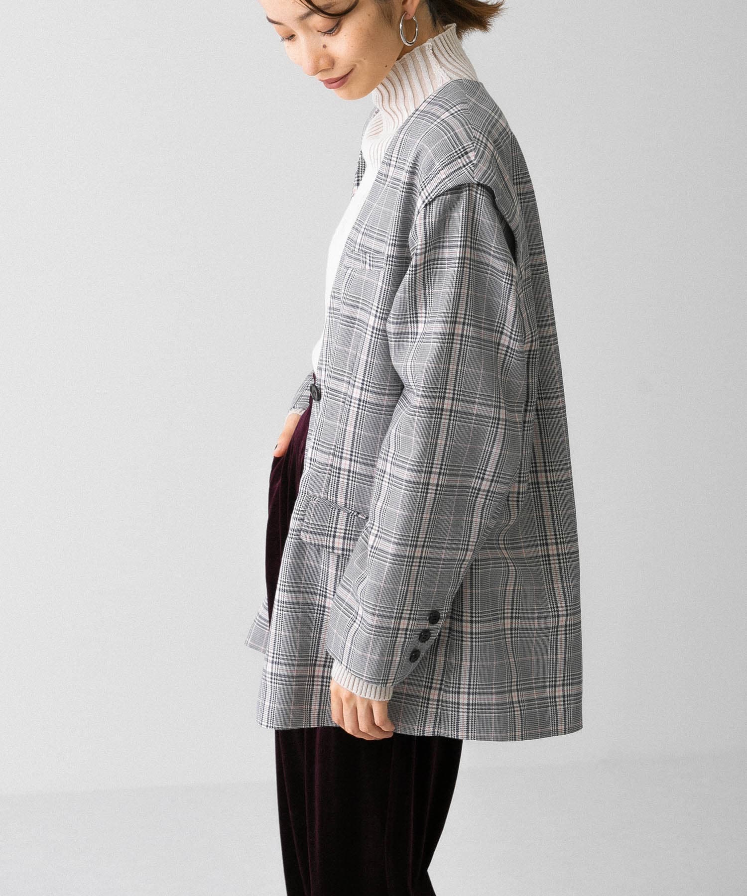 2WAYノーカラージャケット GRAY CHECK one