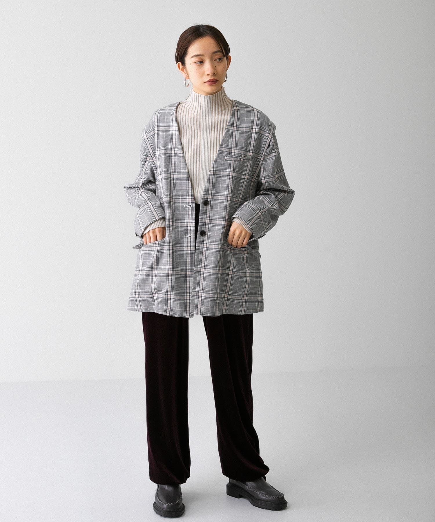 2WAYノーカラージャケット GRAY CHECK one