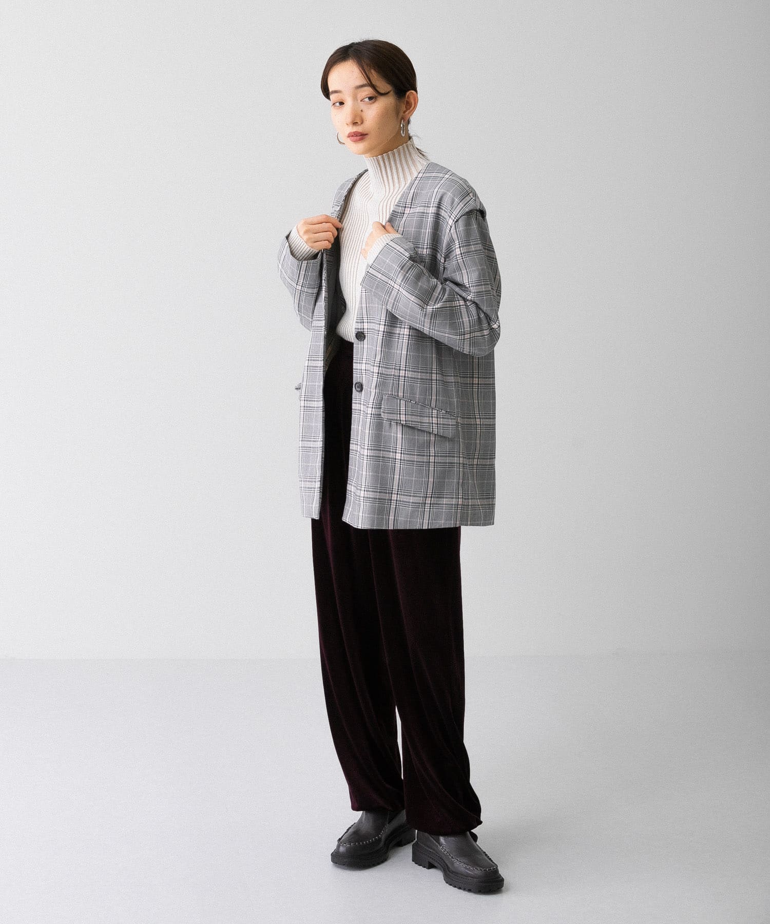 2WAYノーカラージャケット GRAY CHECK one