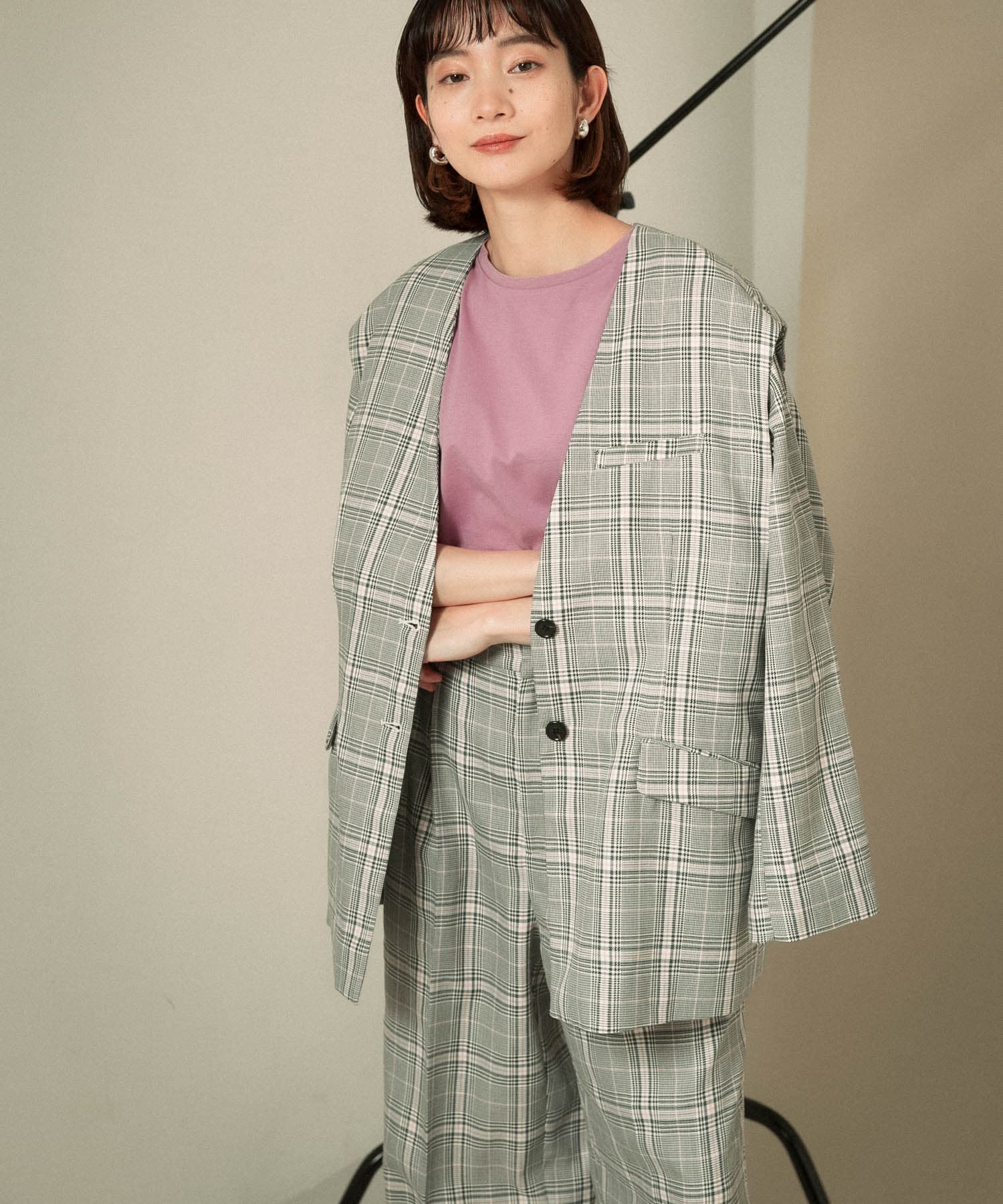 2WAYノーカラージャケット GRAY CHECK one