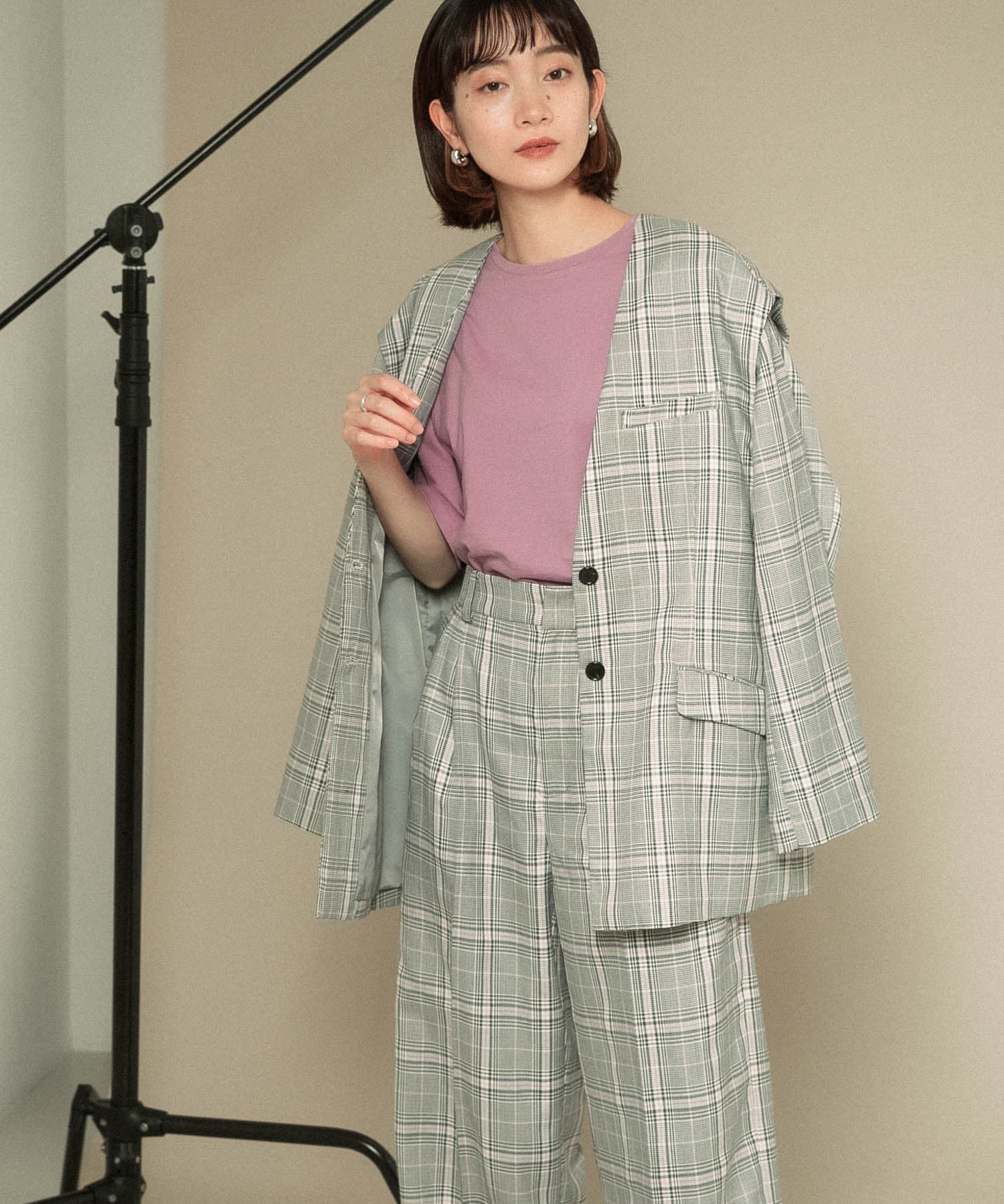 2WAYノーカラージャケット GRAY CHECK one