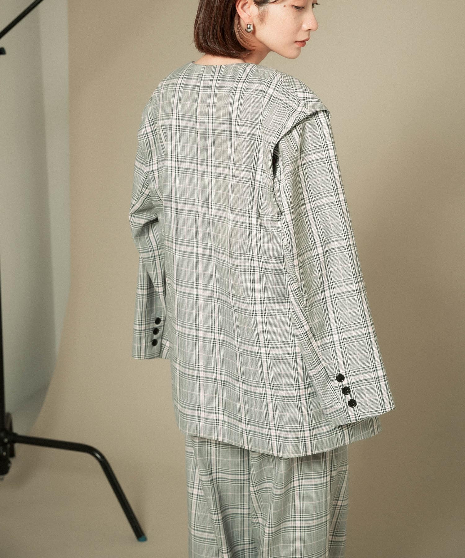 2WAYノーカラージャケット GRAY CHECK one