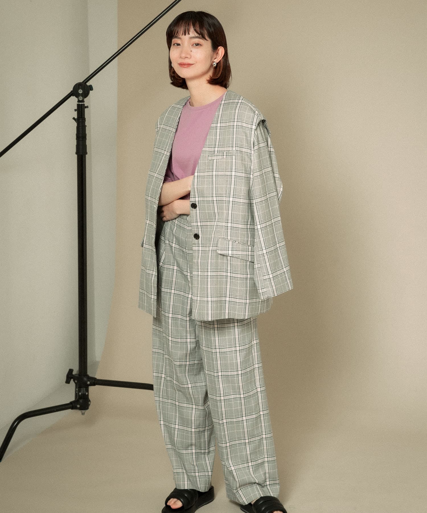 2WAYノーカラージャケット GRAY CHECK one