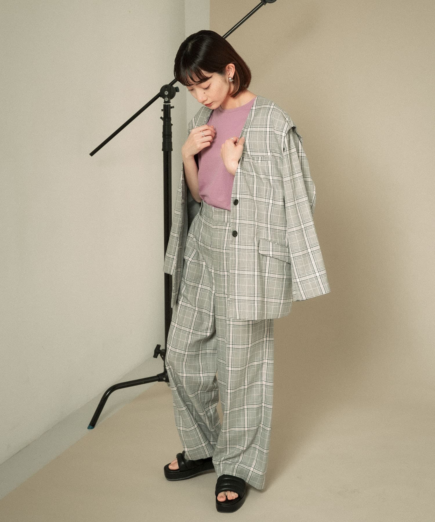 2WAYノーカラージャケット GRAY CHECK one