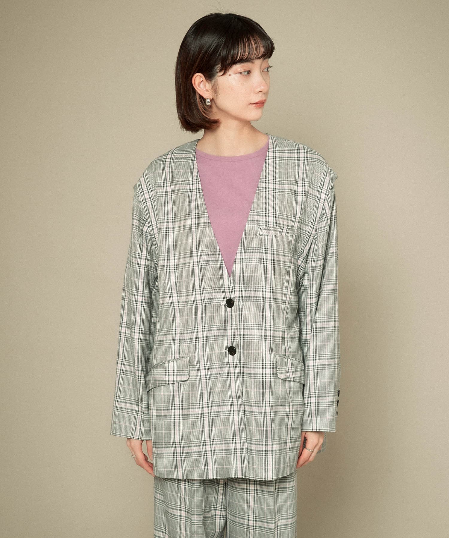 2WAYノーカラージャケット GRAY CHECK one