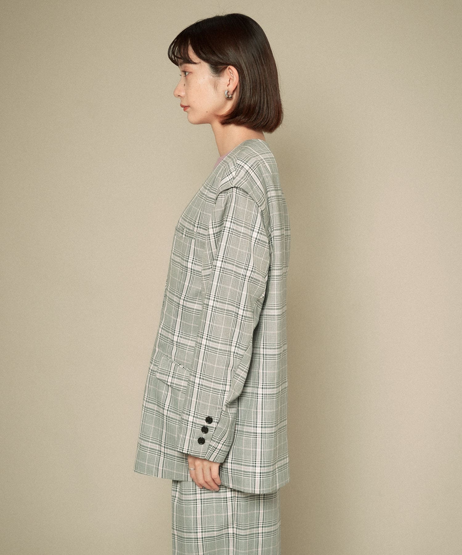 2WAYノーカラージャケット GRAY CHECK one