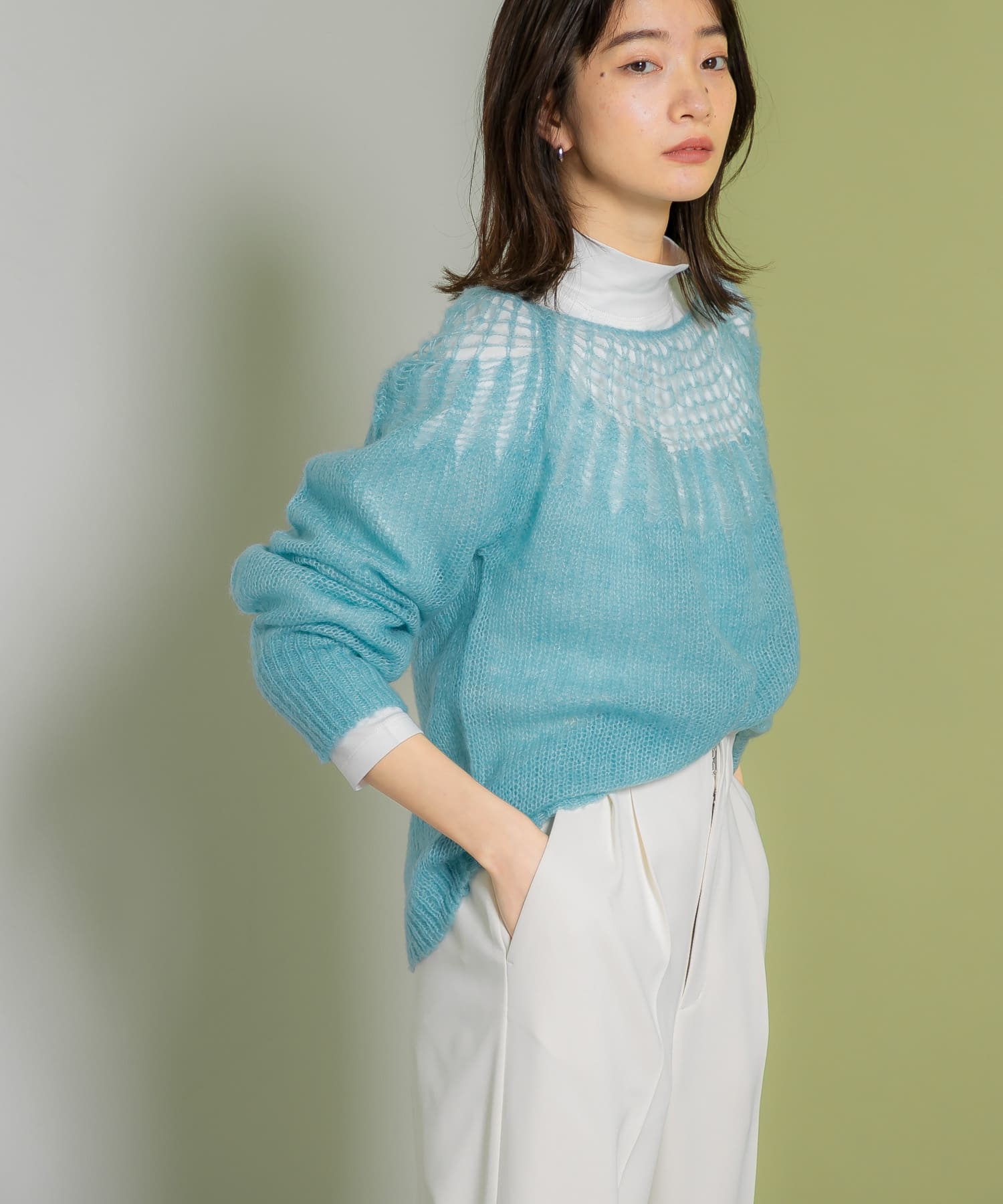 メッシュネックニット BLUE one