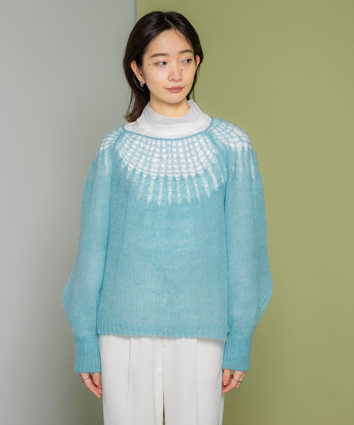 メッシュネックニット BLUE one