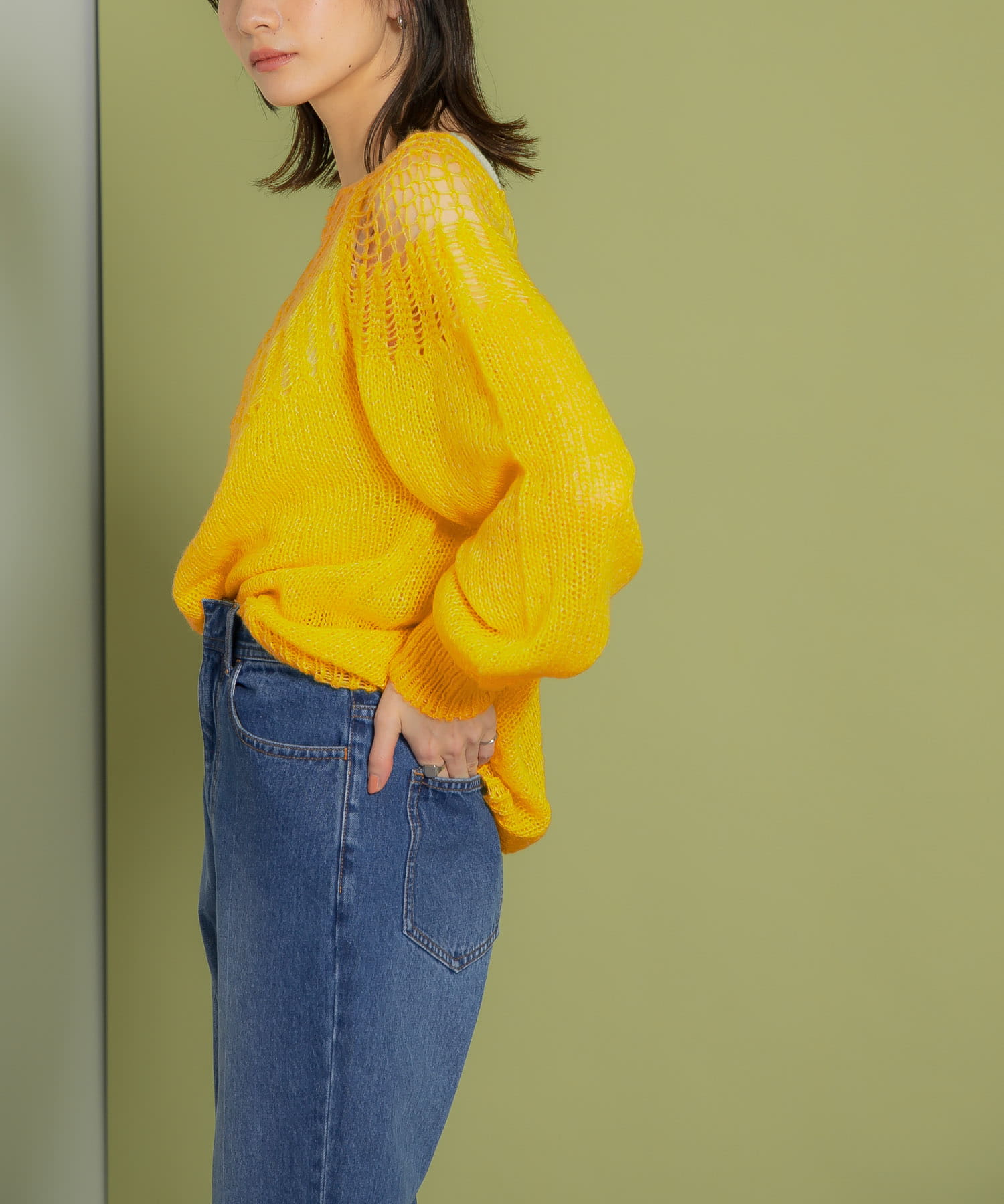 メッシュネックニット YELLOW one