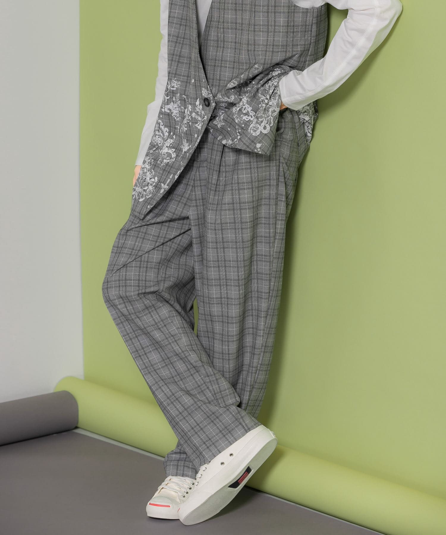 センタープレスWIDEチェックパンツ GRAY one