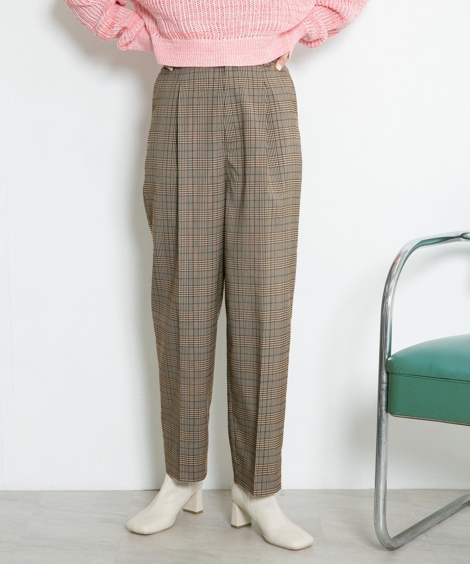センタープレスWIDEチェックパンツ BROWN one