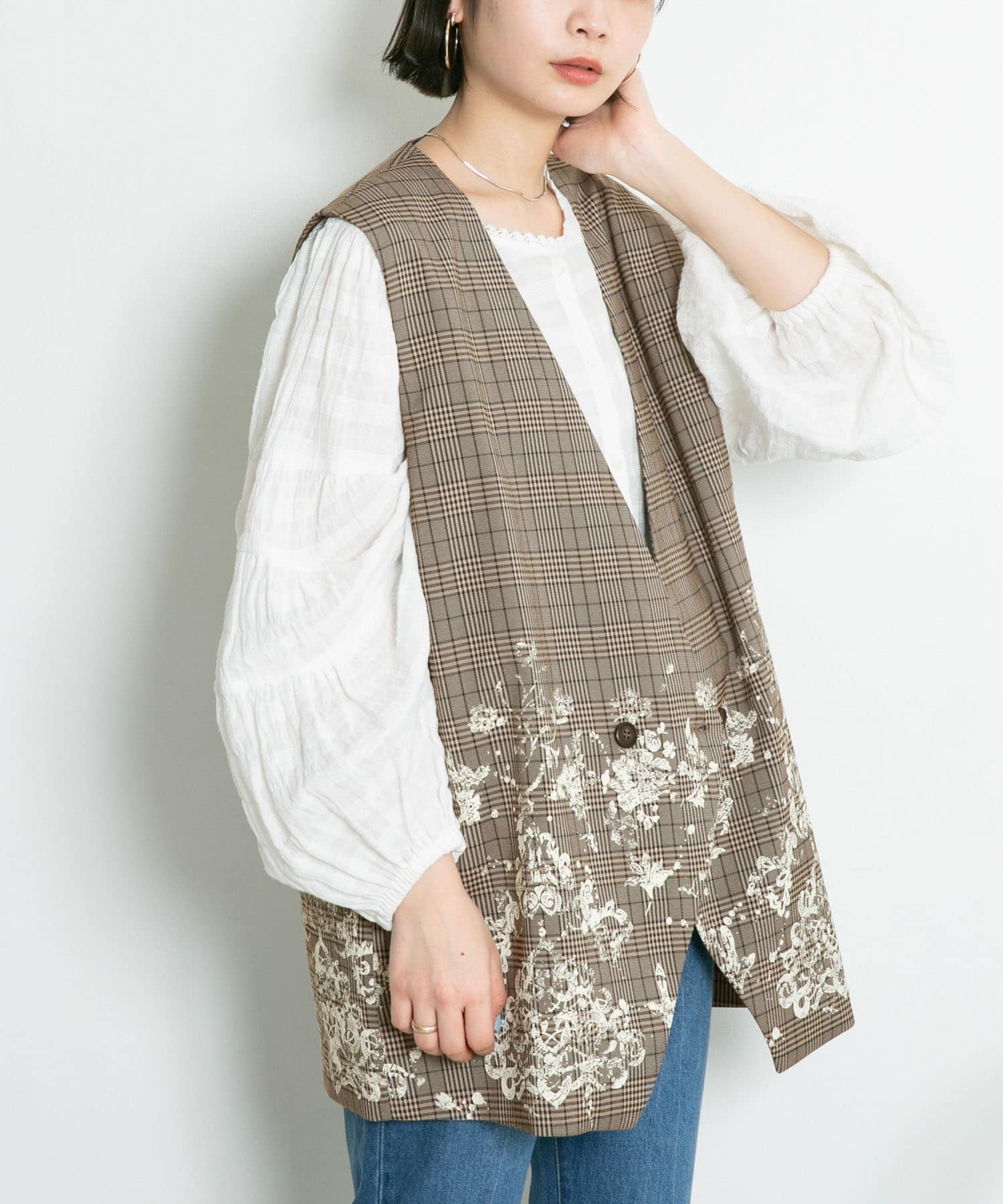 レースプリントチェックベスト BROWN one