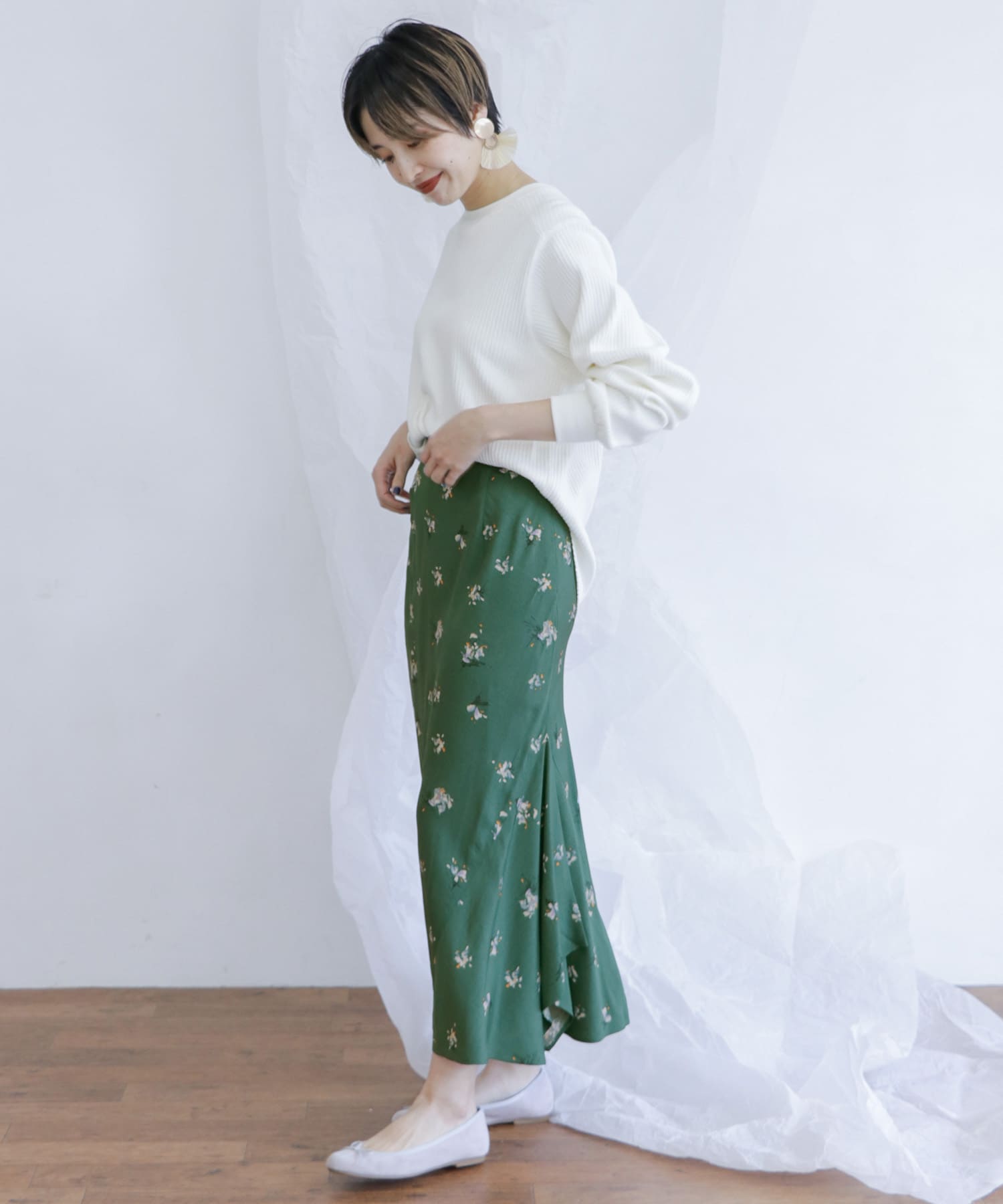 フラワーイレヘムバイアススカート∴ GREEN one