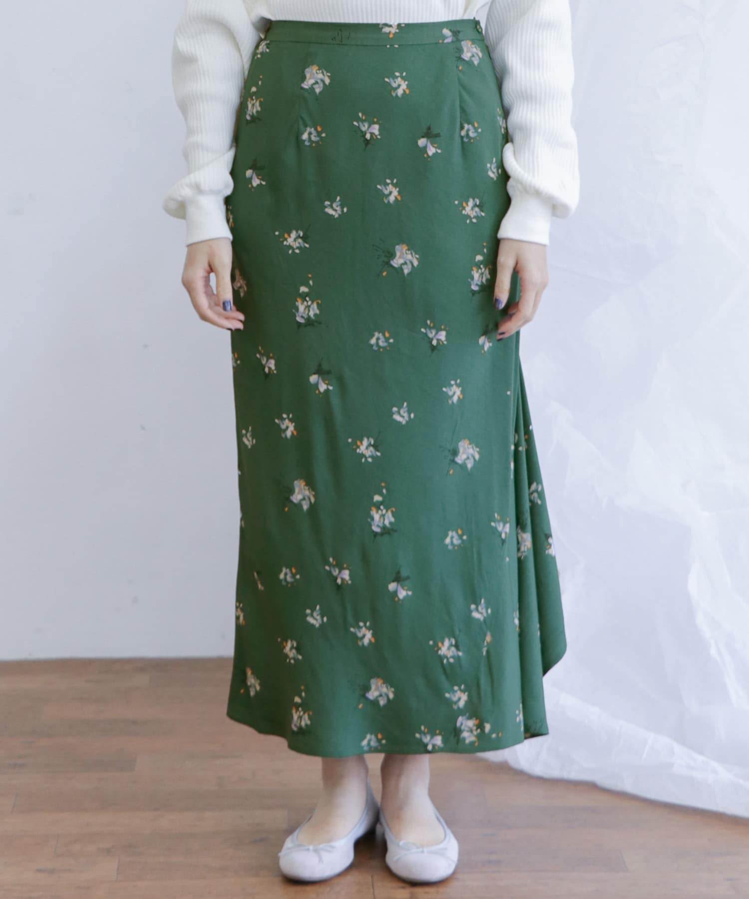 フラワーイレヘムバイアススカート∴ GREEN one