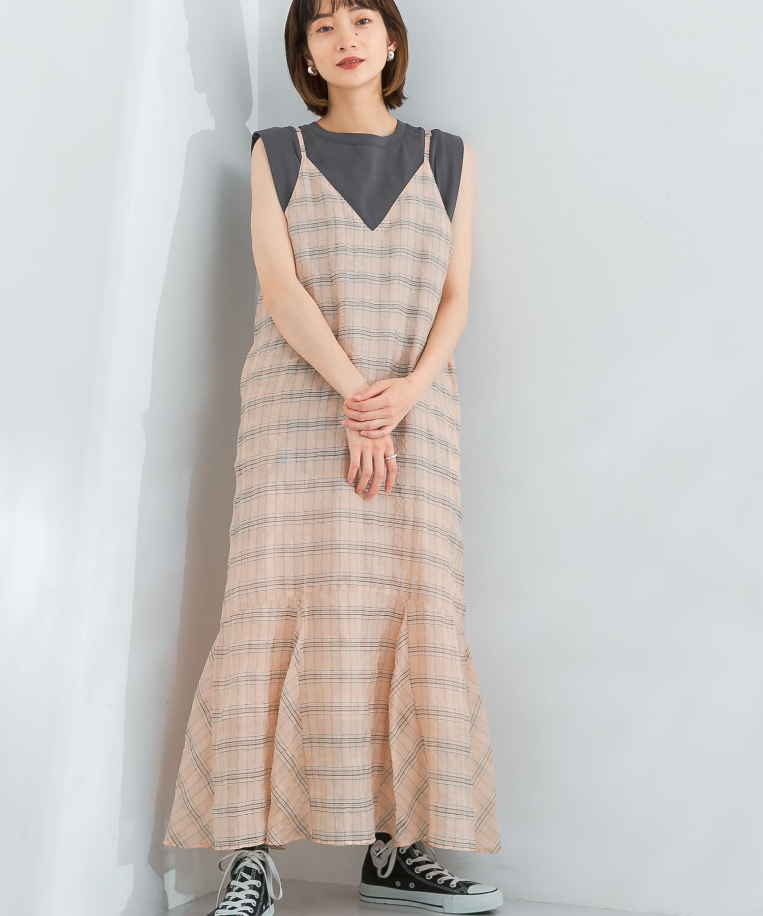 チェックロングキャミワンピース P.BEG×BLU one