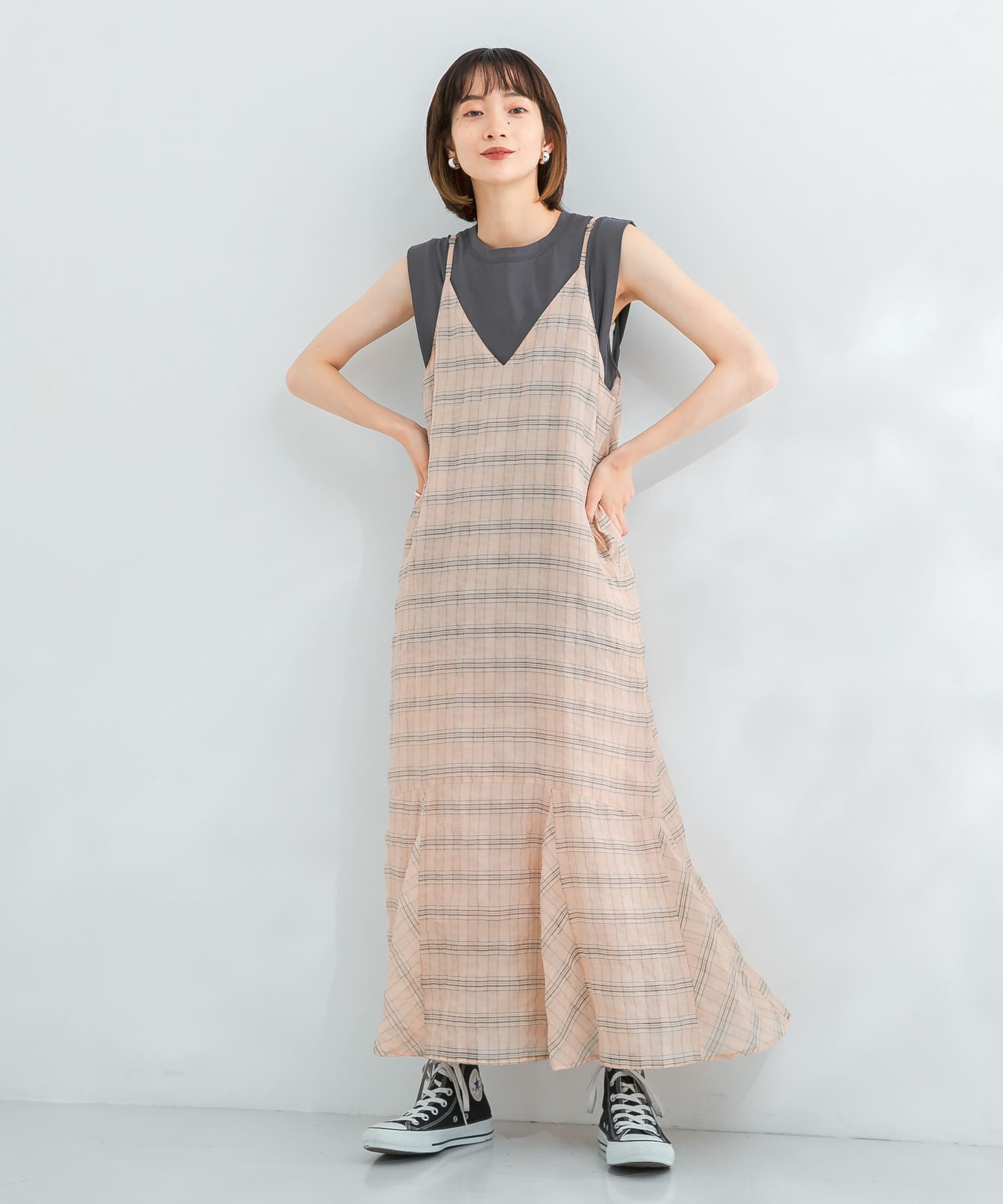 チェックロングキャミワンピース P.BEG×BLU one