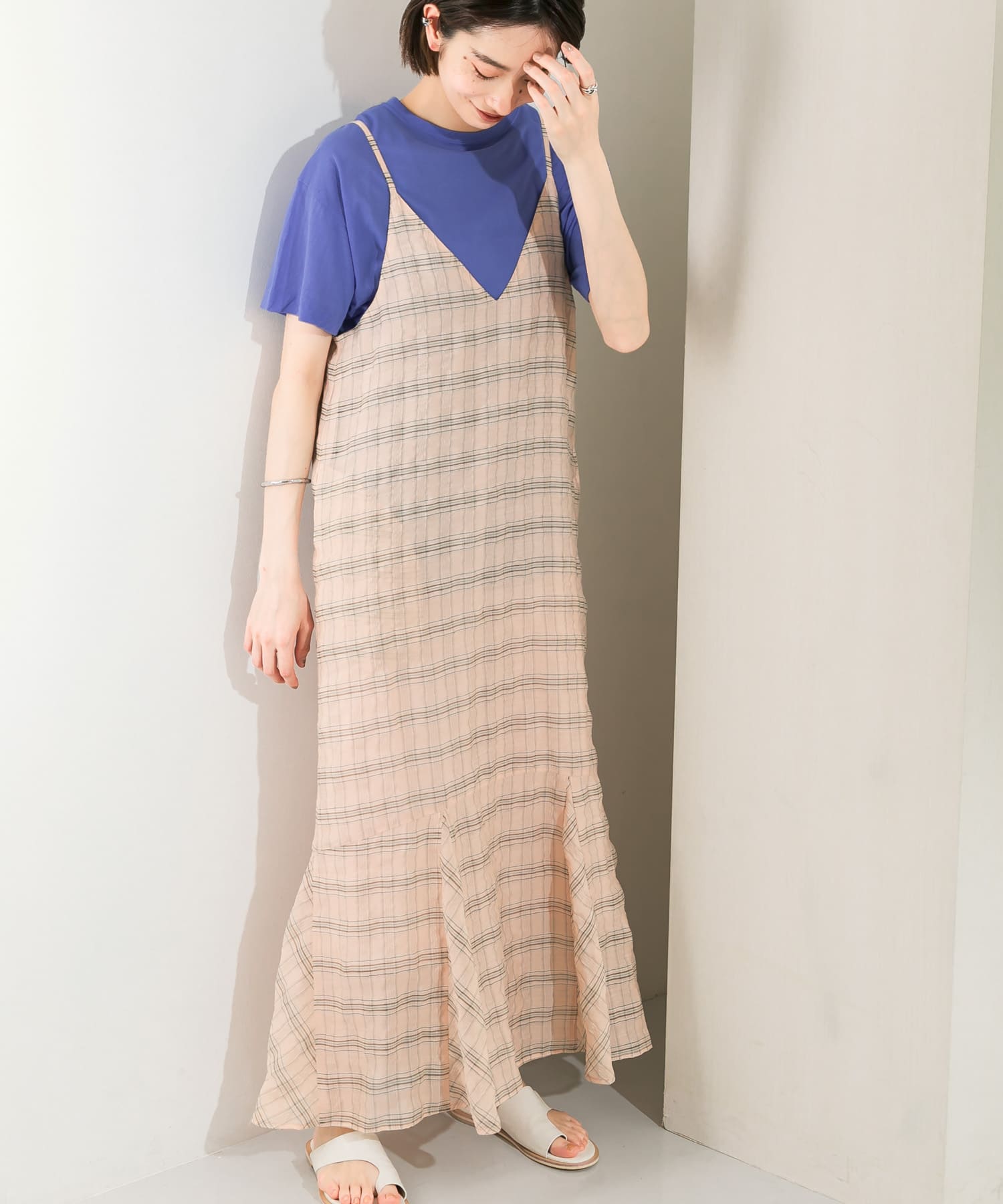 チェックロングキャミワンピース P.BEG×BLU one