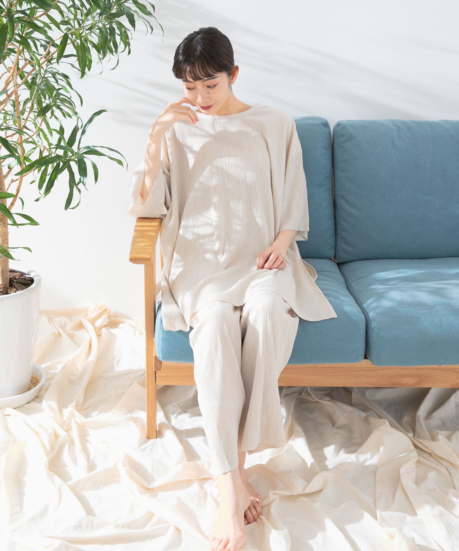 コットンタッチプリーツパンツ BEIGE one