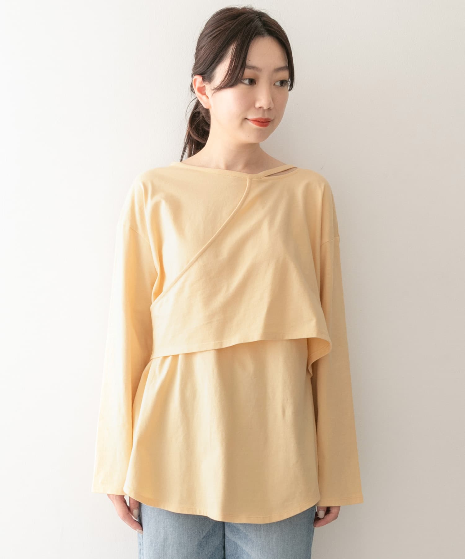 KBF+　アシメレイヤードカットアウトロングTシャツ∴ ORANGE one