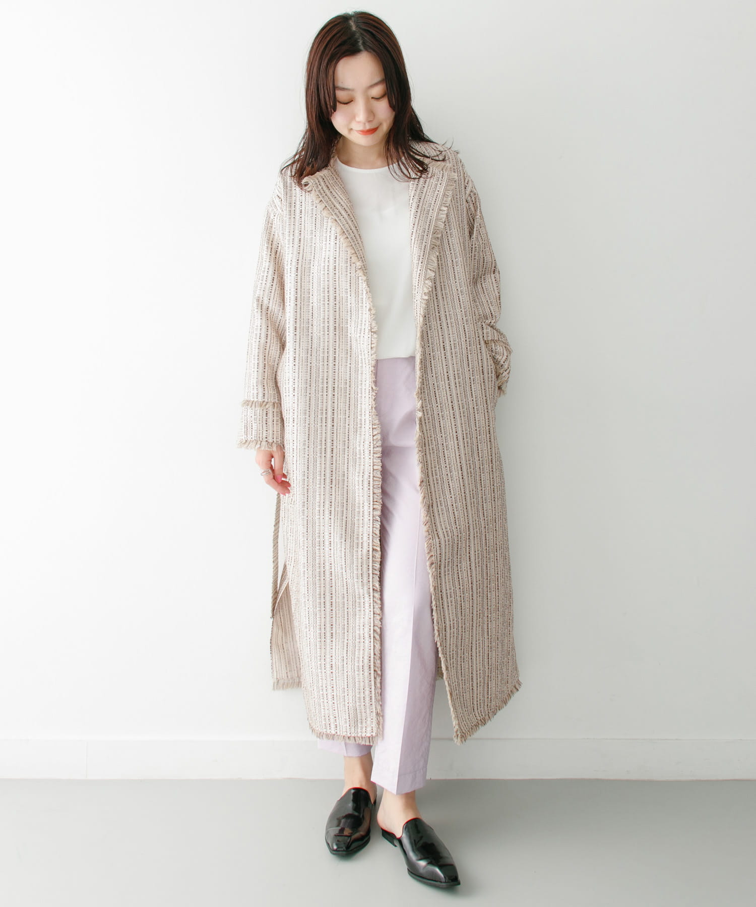 KBF+　ラスティックフリンジコート∴ BEG STRIPE one