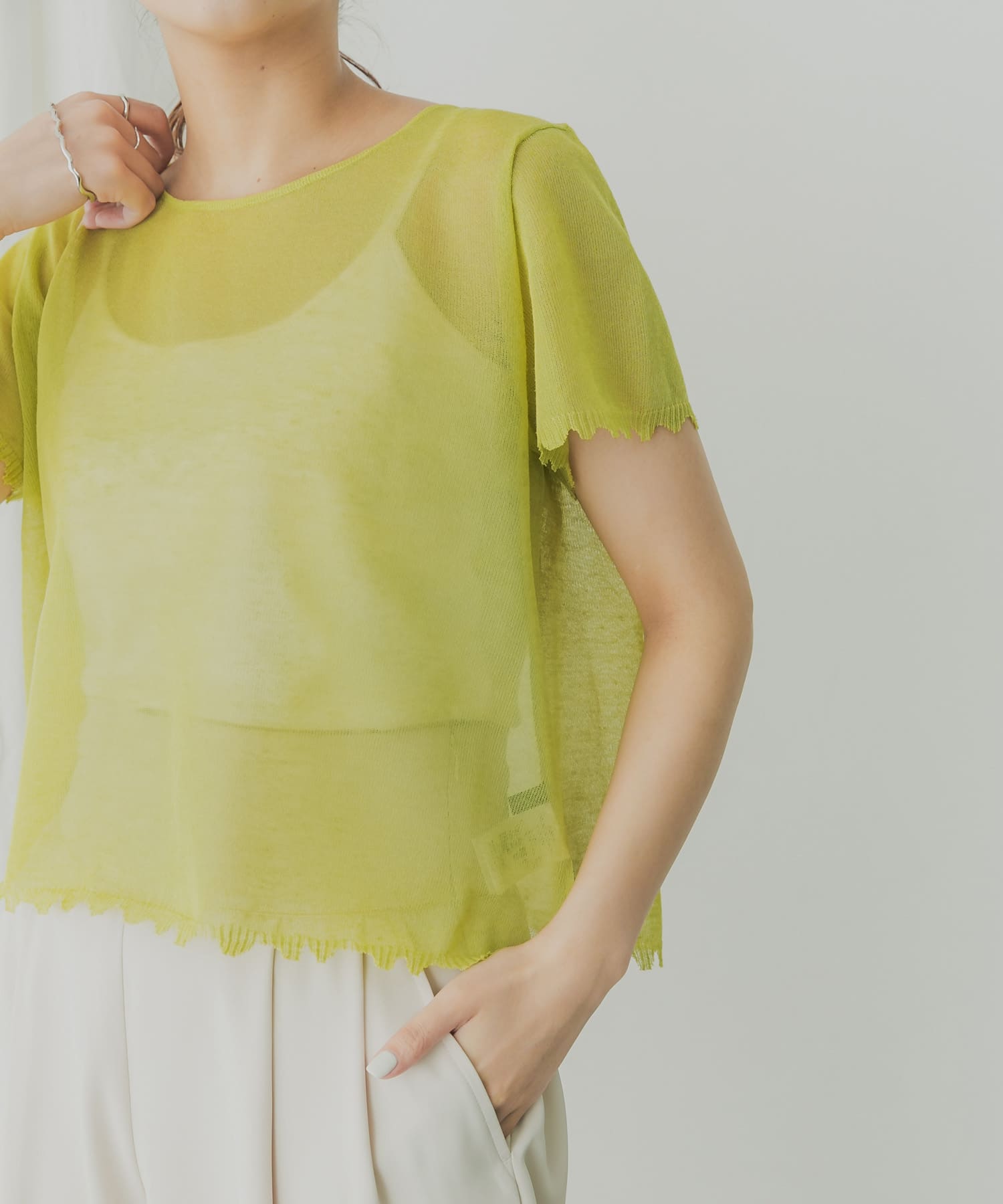 KBF+　シアーダメージニット LIMEGREEN one