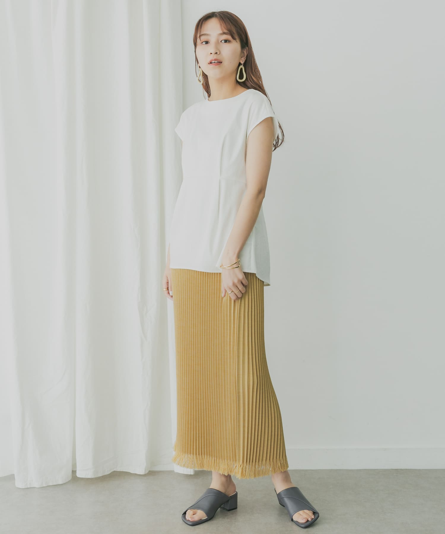 KBF+　リネンライクフリンジプリーツスカート Y.BEIGE one