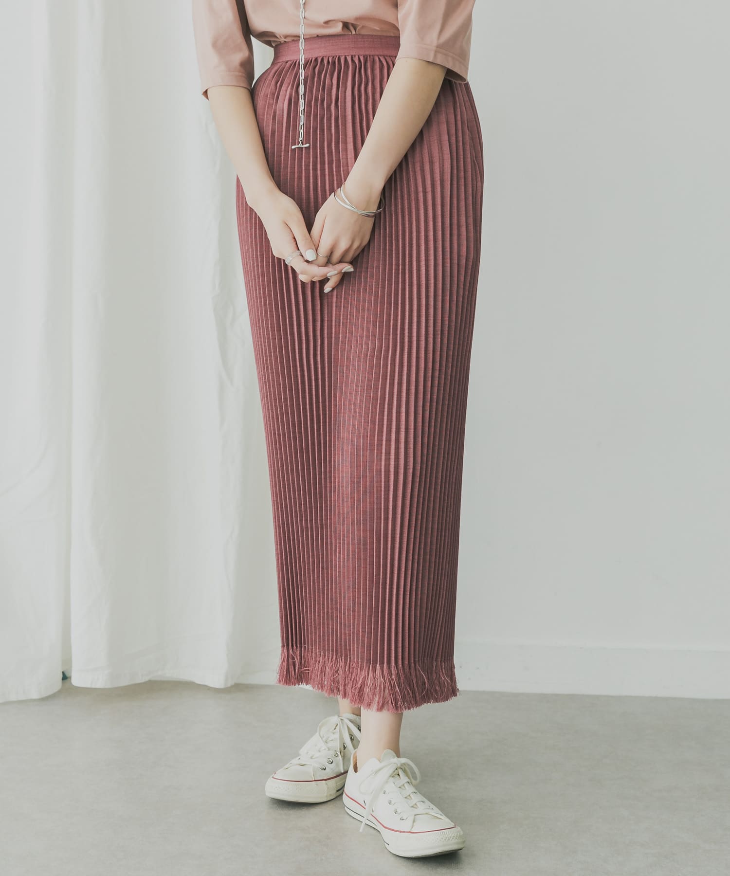 KBF+　リネンライクフリンジプリーツスカート PLUM one