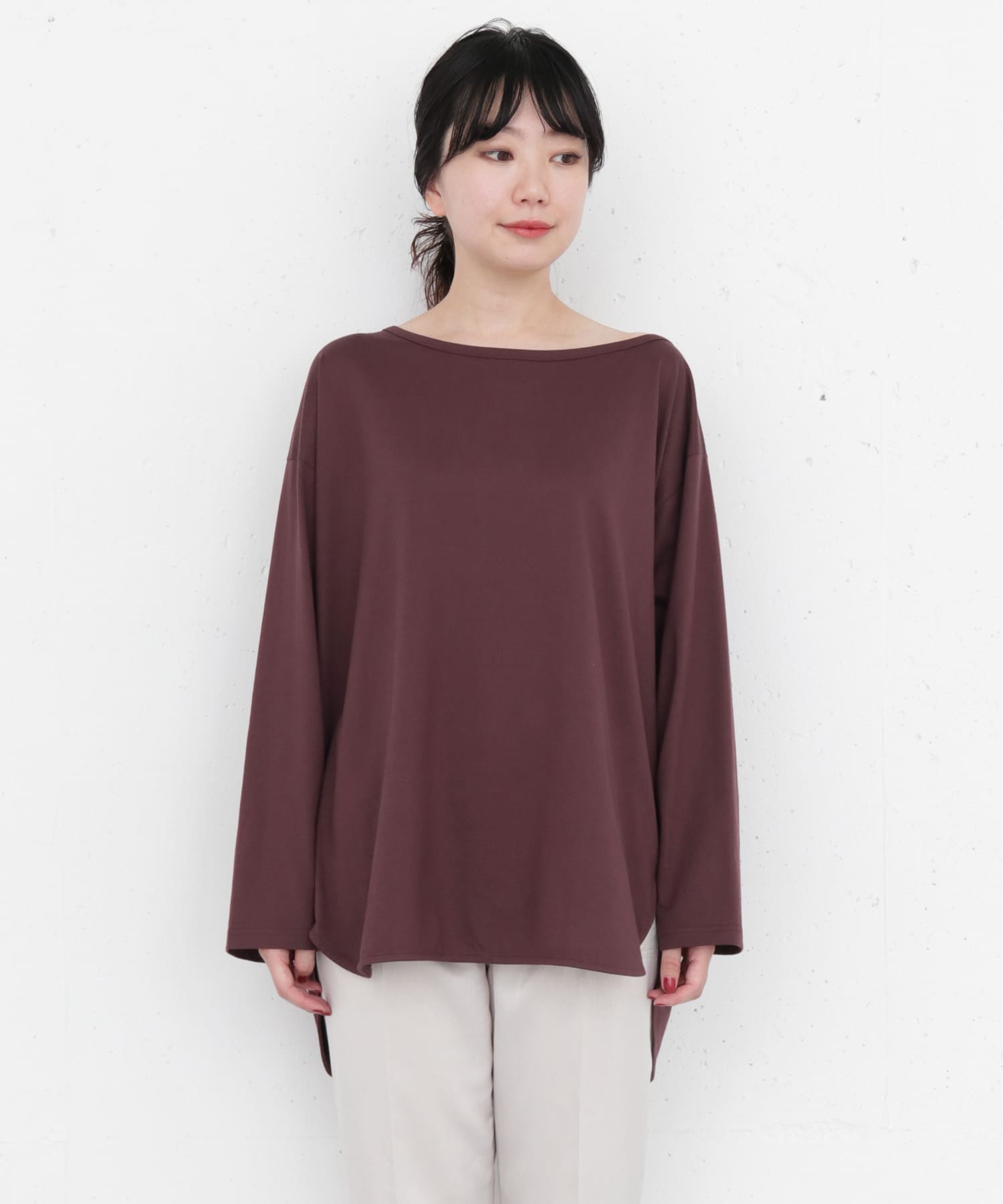 KBF+　アシメネックオーバーロングTシャツ BROWN one
