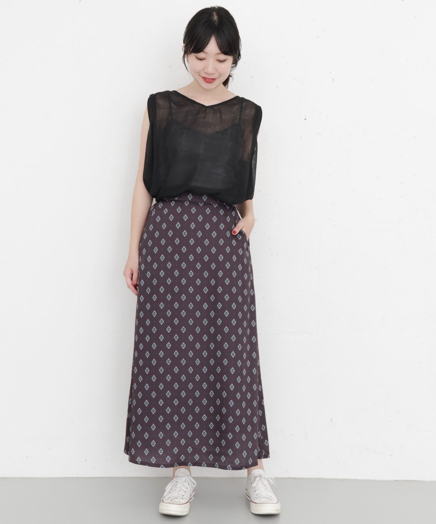 KBF+　レトロパターンロングスカート D.PURPLE one