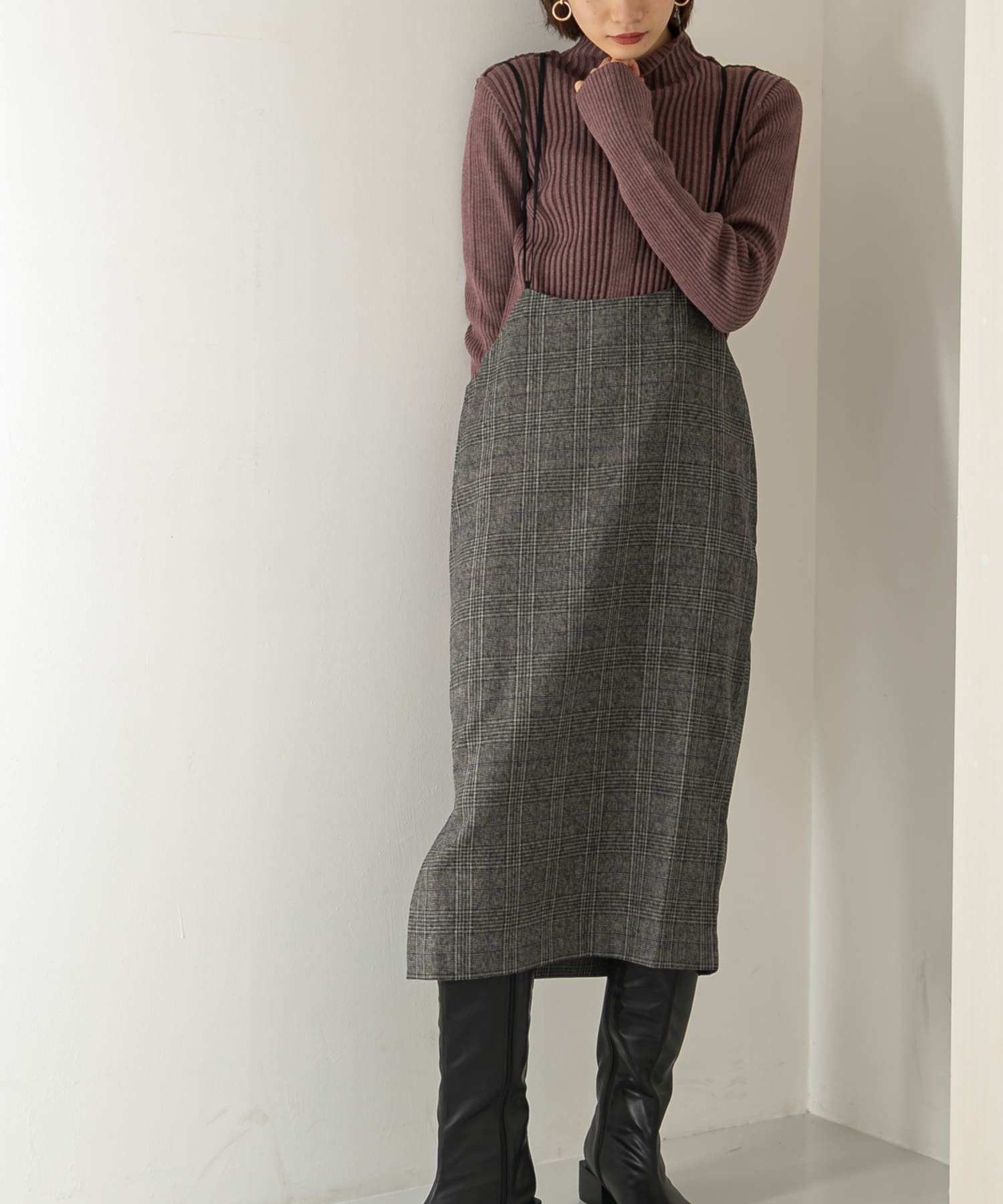 バッククロスハイウエストスカート GRAY CHECK one